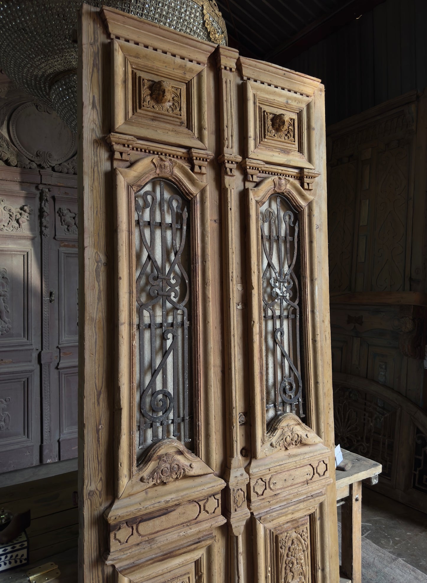 Ornate Carved Antique Iron French Doors - 45x105 K40