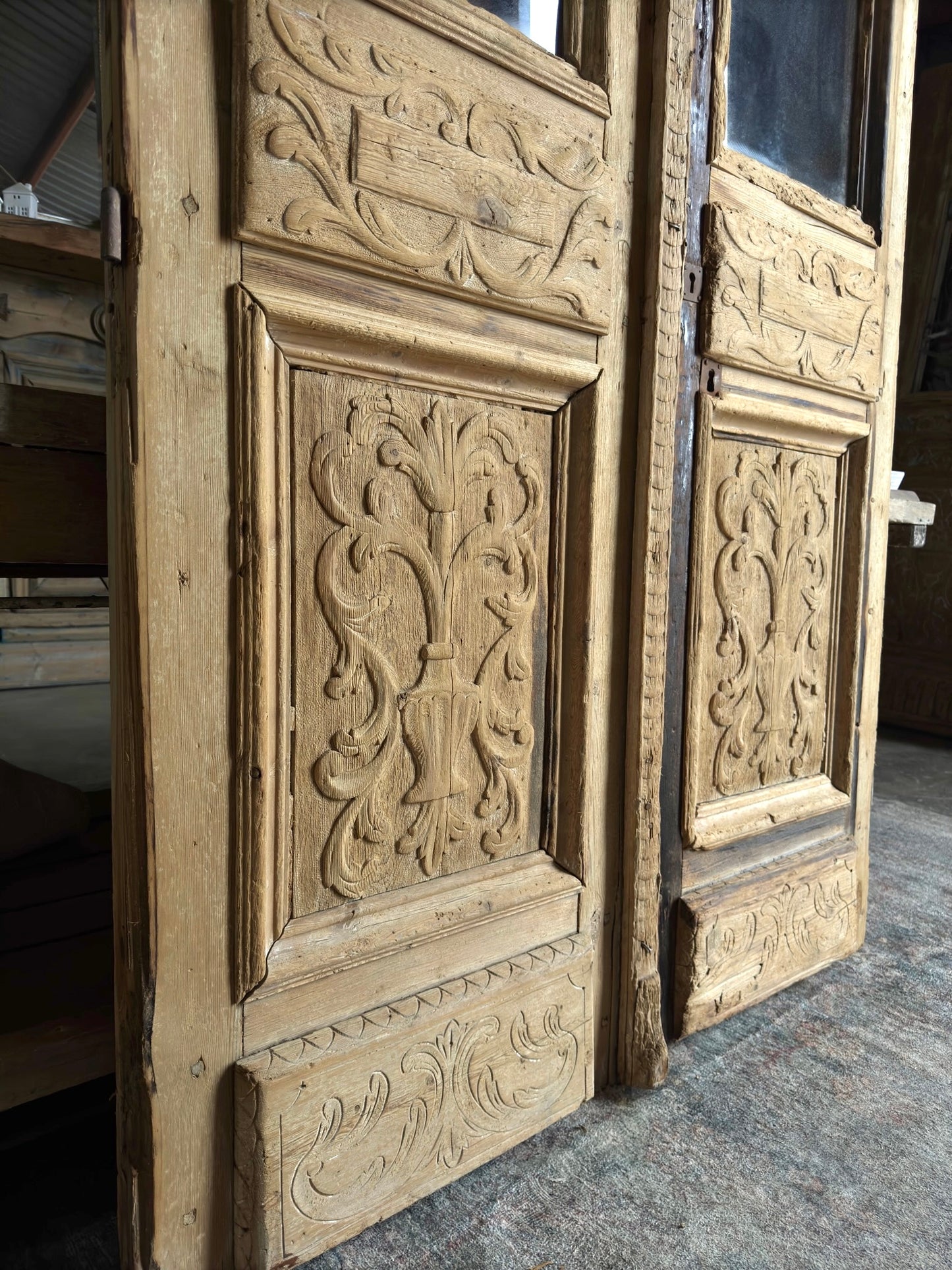 Thick Antique Hand Carved Glass French Doors  - 49.5x93.75  H47