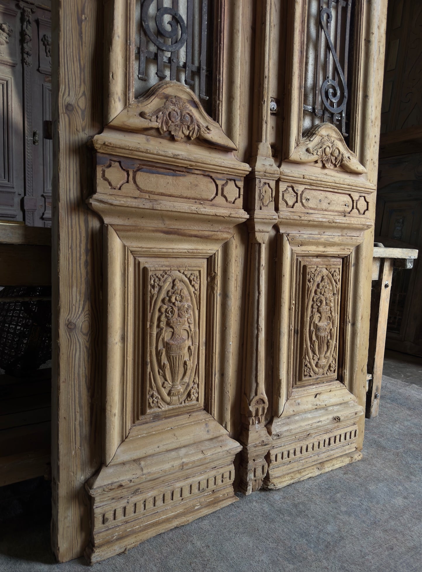 Ornate Carved Antique Iron French Doors - 45x105 K40