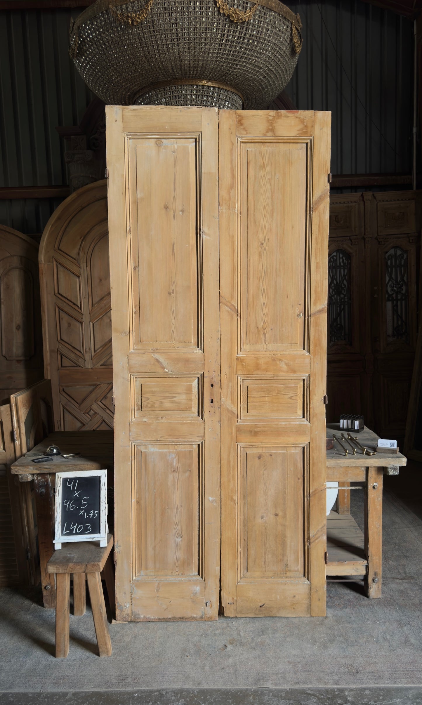 3 Panel Carved Antique Solid French Doors - 41x96.5 - L403