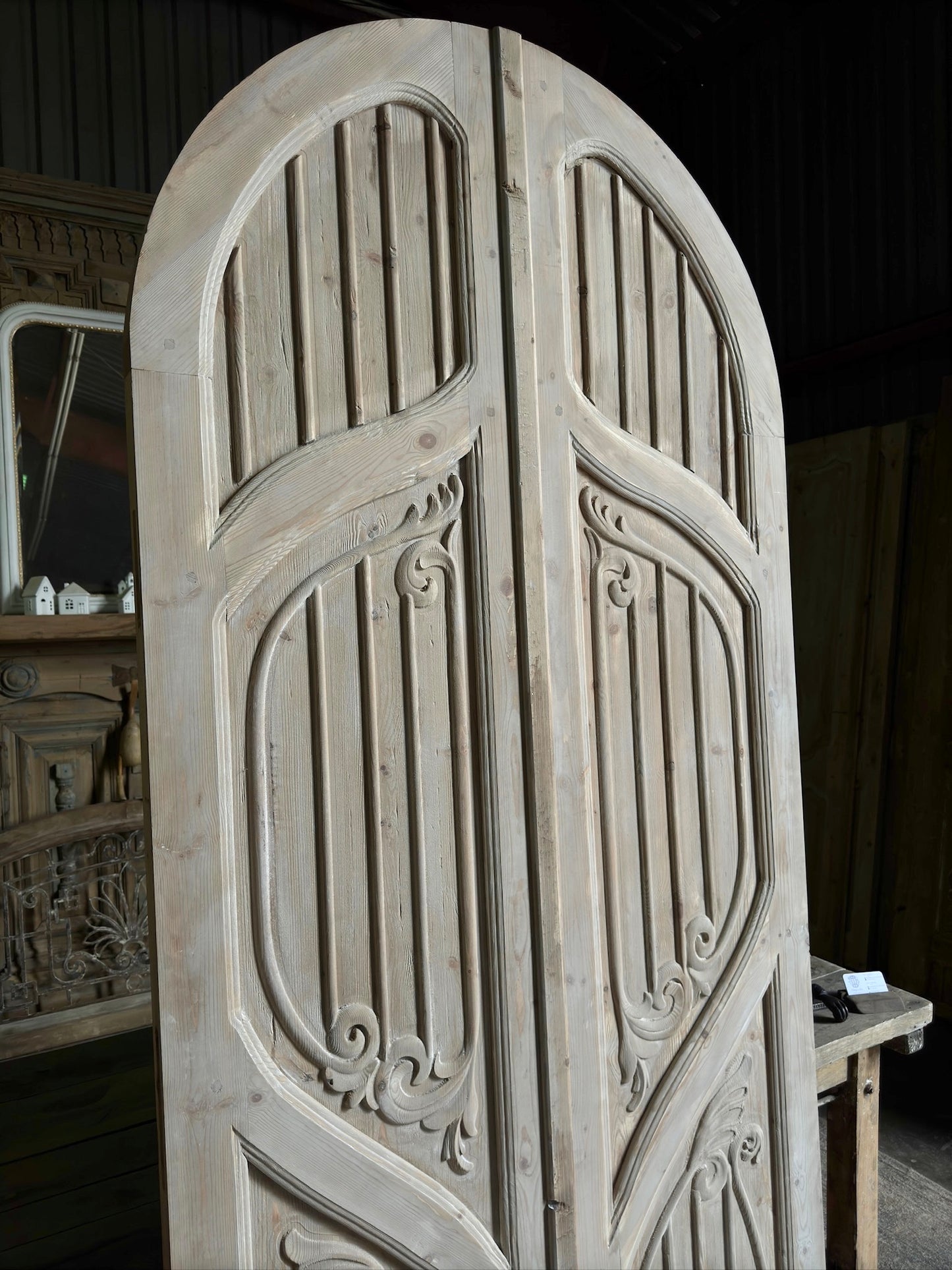 (The Merlin) Handrcrafted Arched Baltic Pine French Doors - 43.5x96.5 H245