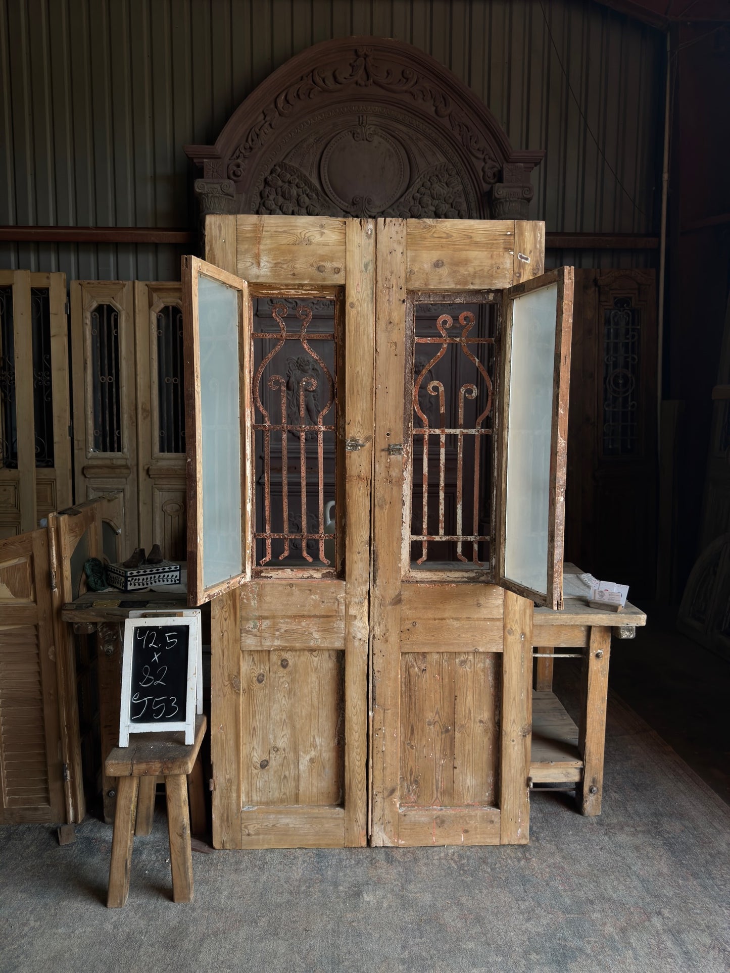 Carved Antique Iron French Double Doors - 42.5x82 J53