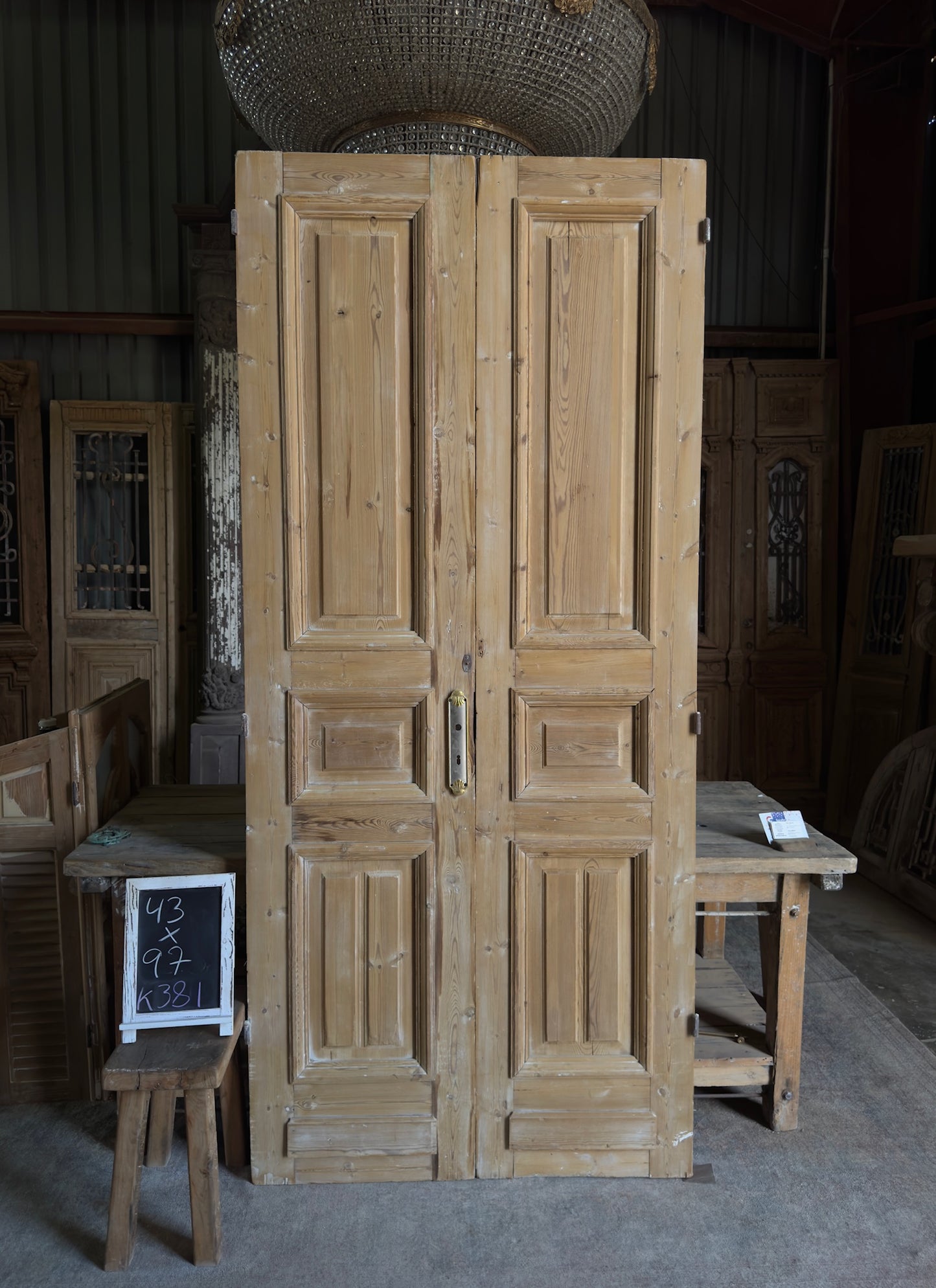 Raised Molding 3 Panel Antique Solid French Doors - 43x97 K381