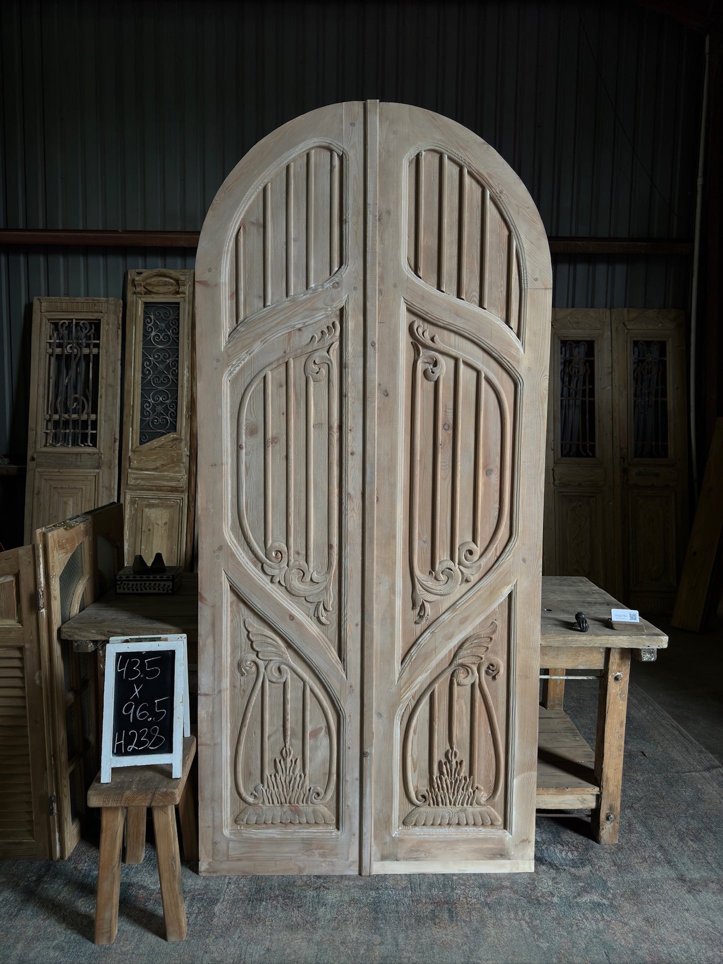 (The Merlin) Handrcrafted Arched Baltic Pine French Doors - 43.5x96.5 H238