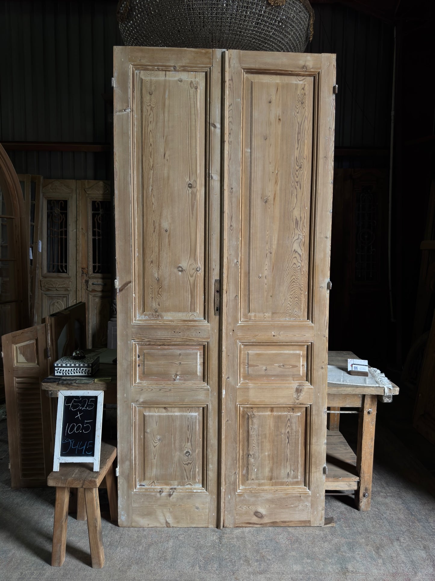 3 Panel Antique Solid French Doors - 45.25x100.5 J445
