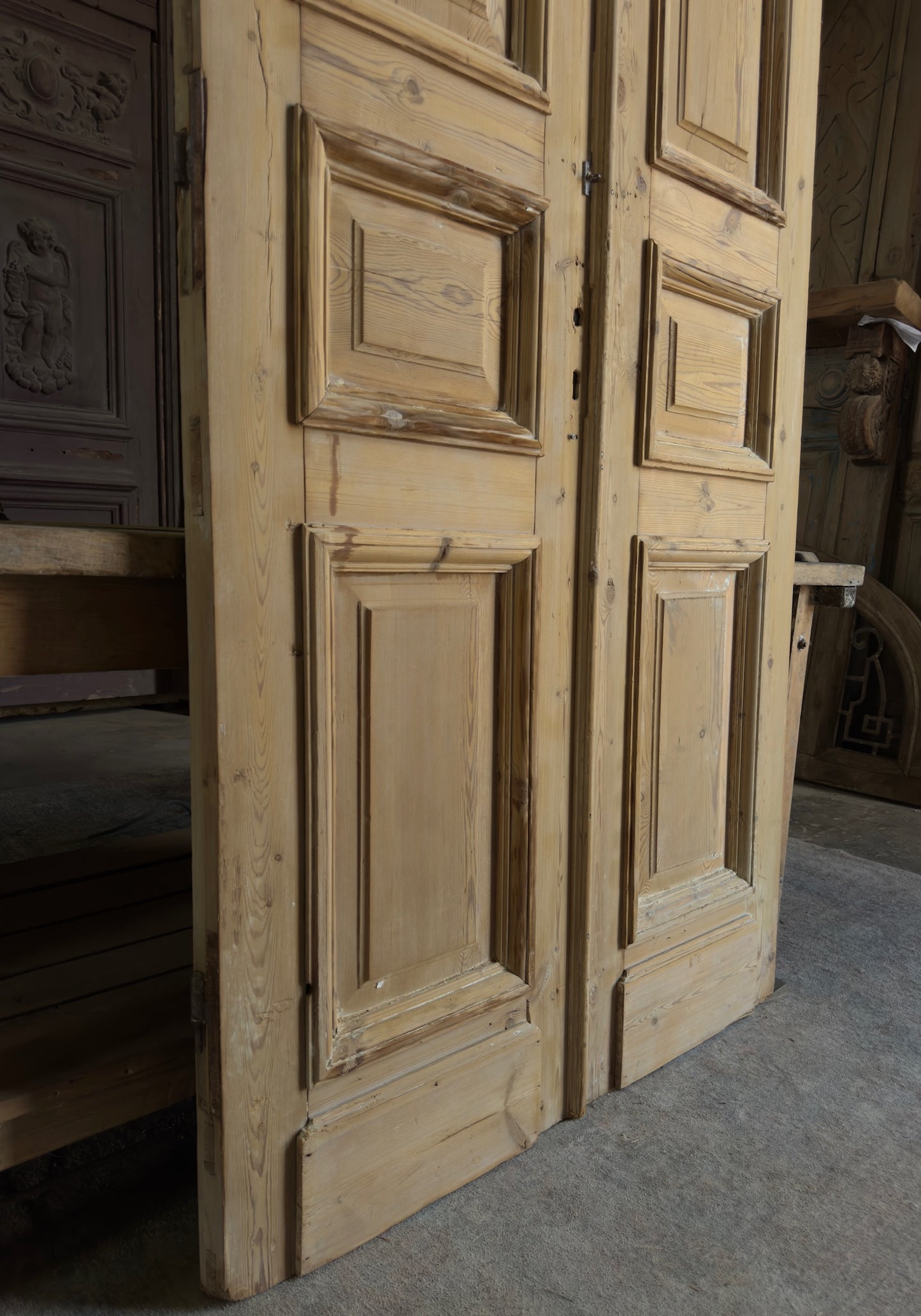 Raised Molding 3 Panel Antique Solid French Doors - 43x98.5 K388