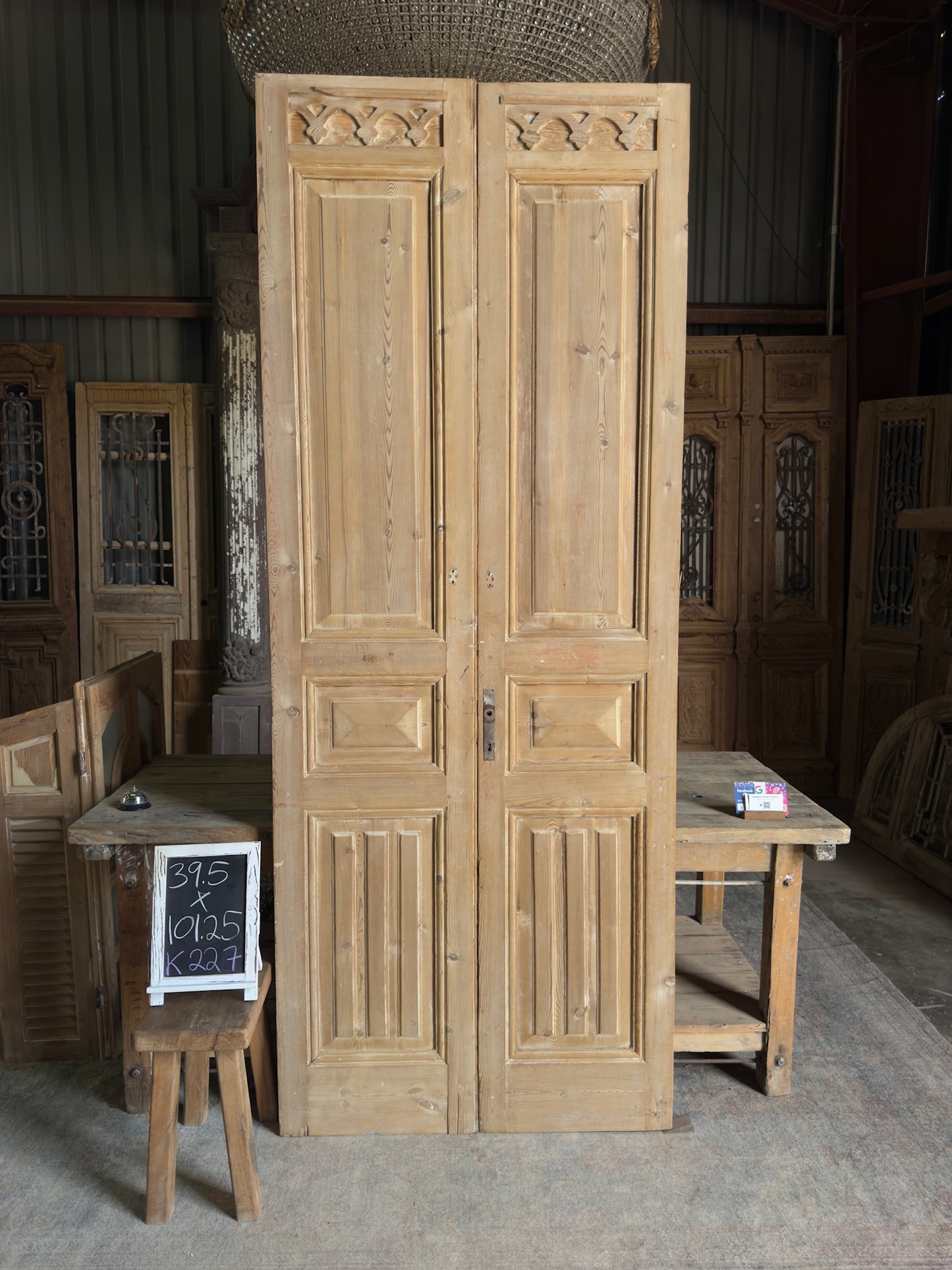 Unique 3 Panel Antique Solid French Doors - 39.5x101.25 K227