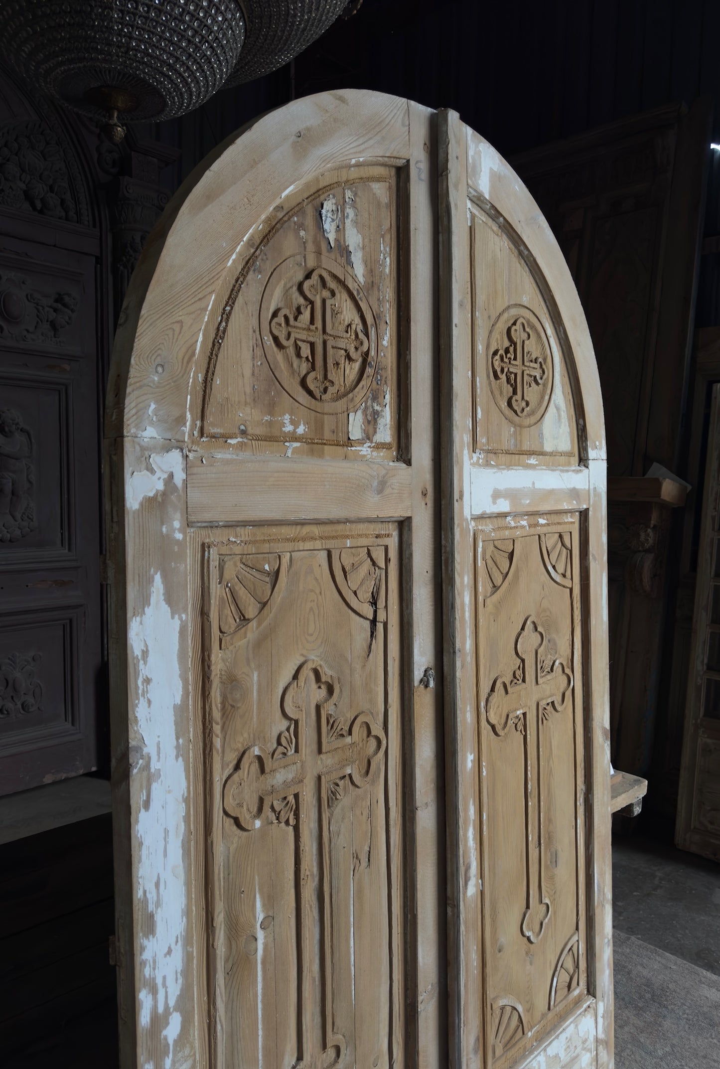 Antique Solid Arched Doors with Carved Cross - 52x90.5 - L143