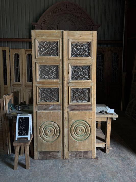 3 Light Bullseye Carved Antique Iron French Doors - 43x88 J39