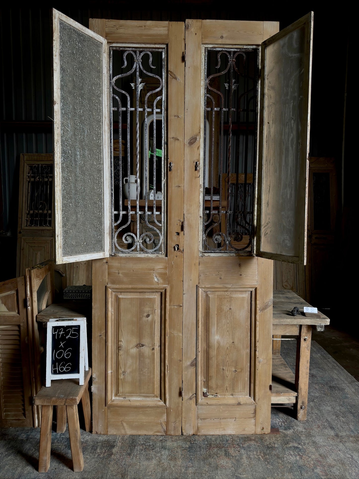 Elegant Tall Iron Antique French Doors - 47.25x106 H66