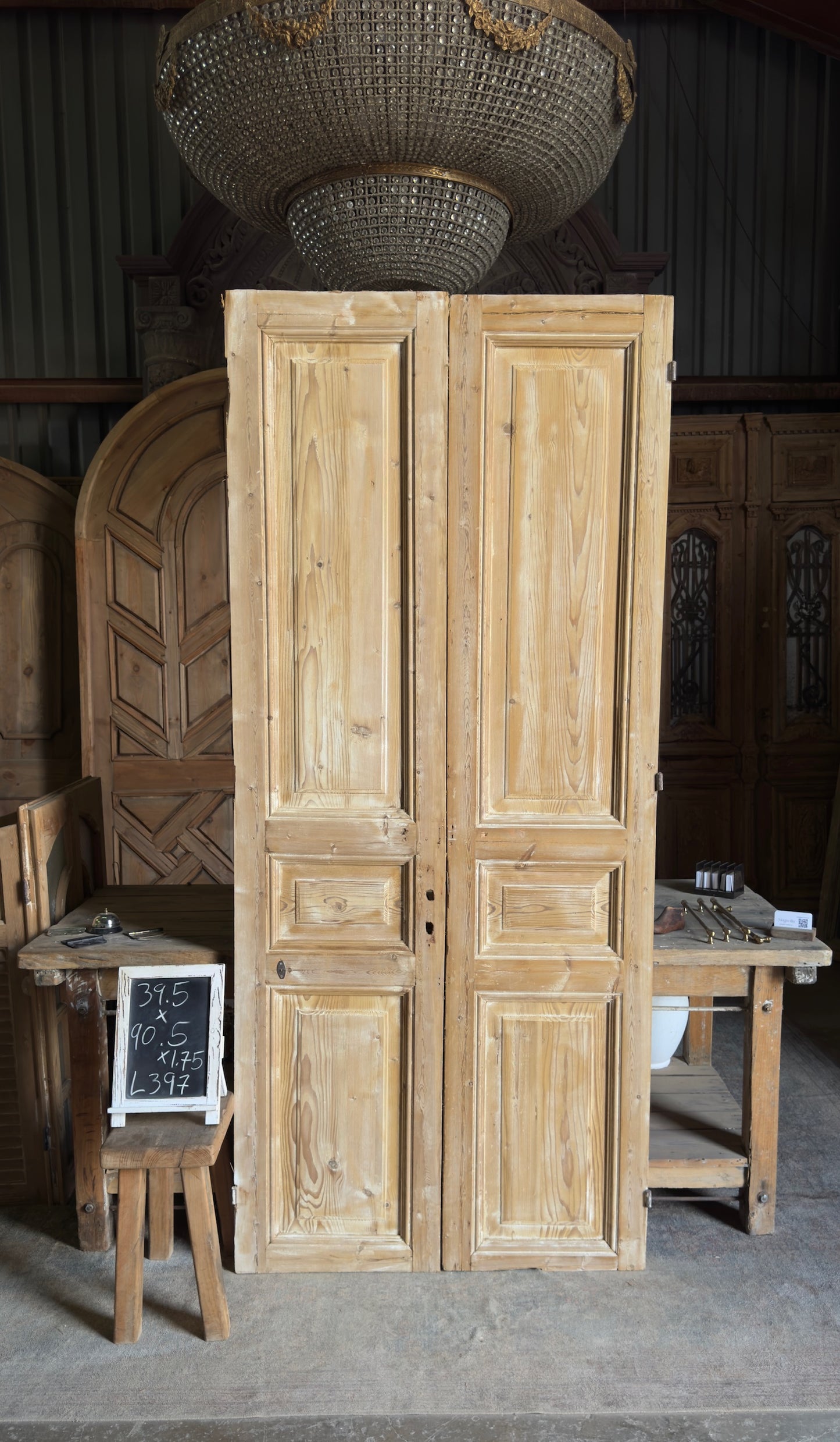 3 Panel Antique Solid French Doors - 39.5x90.5 - L397