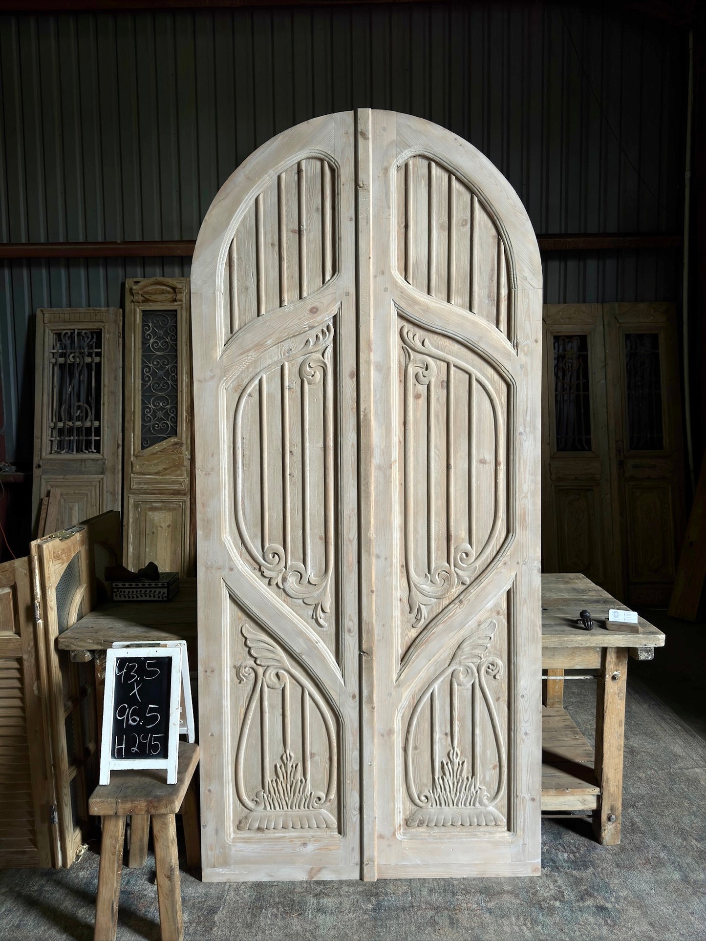 (The Merlin) Handrcrafted Arched Baltic Pine French Doors - 43.5x96.5 H245