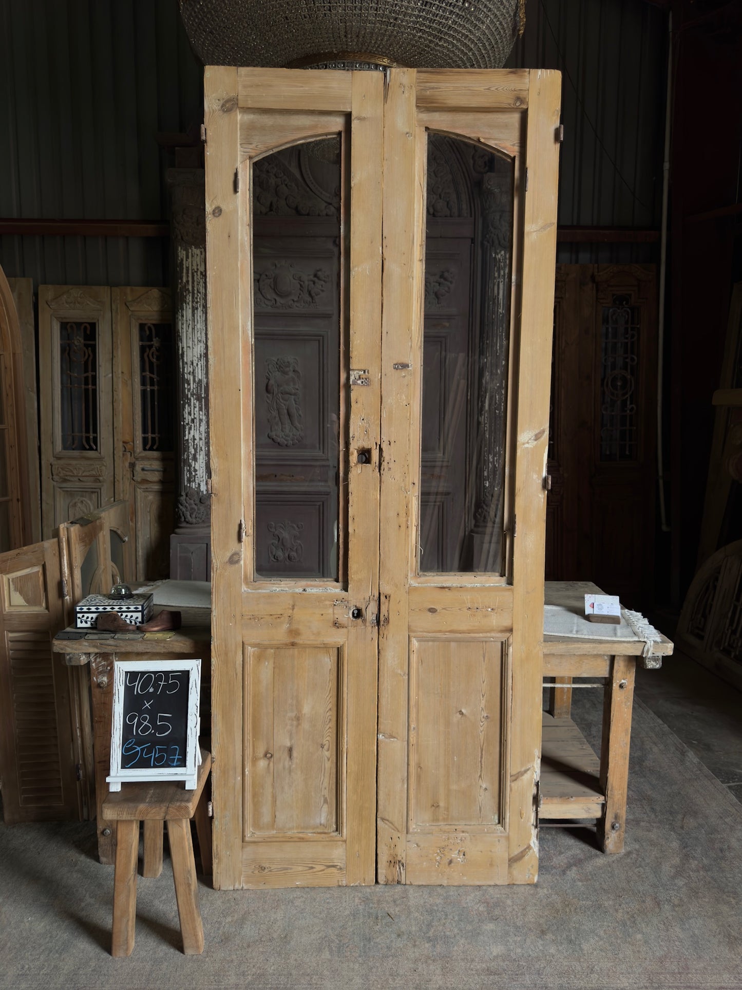 19th Century Antique Hand Carved Glass French Doors - 40.75x98.5 J457