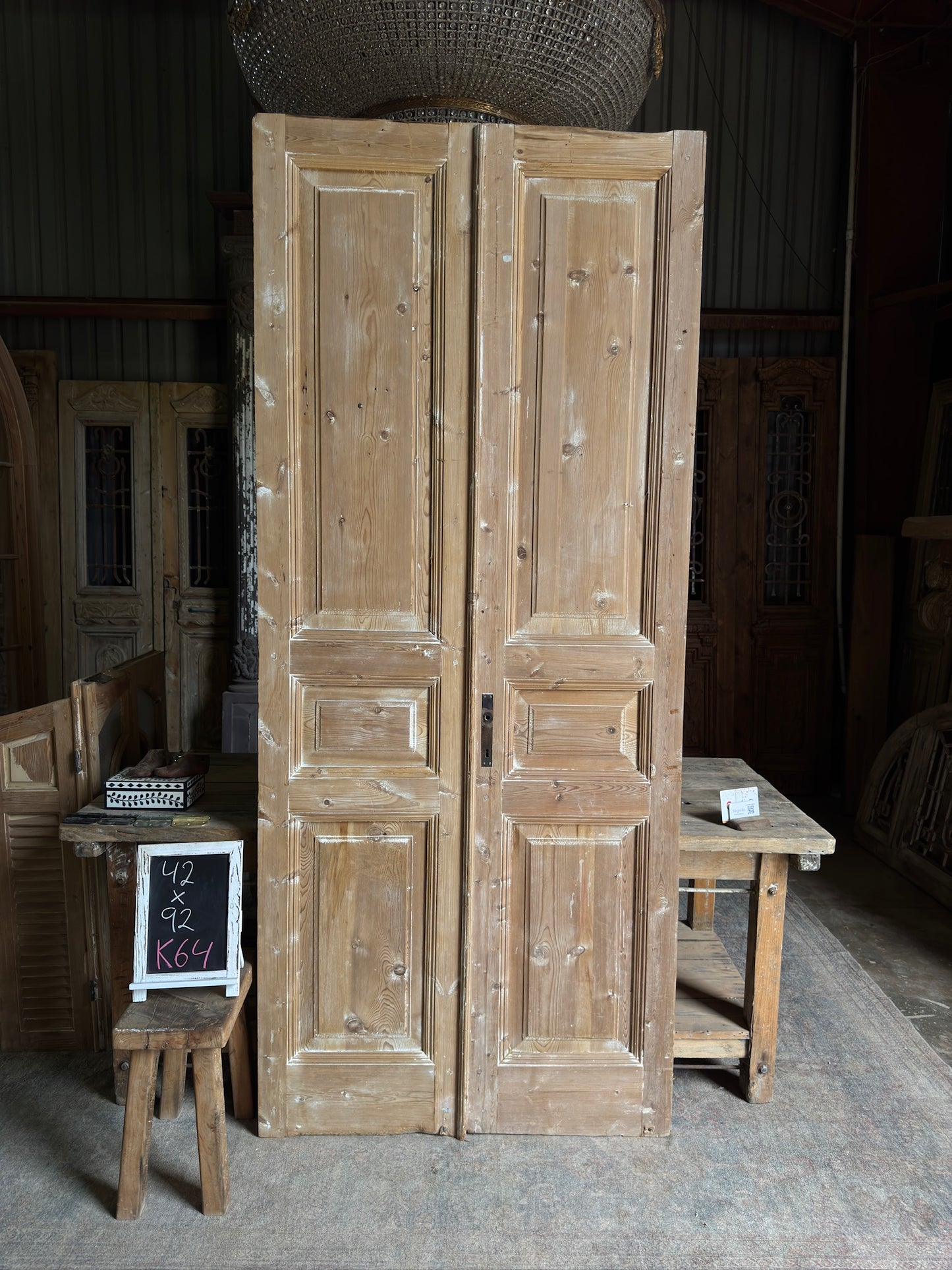 3 Panel Antique Solid French Doors - 42x92 K64