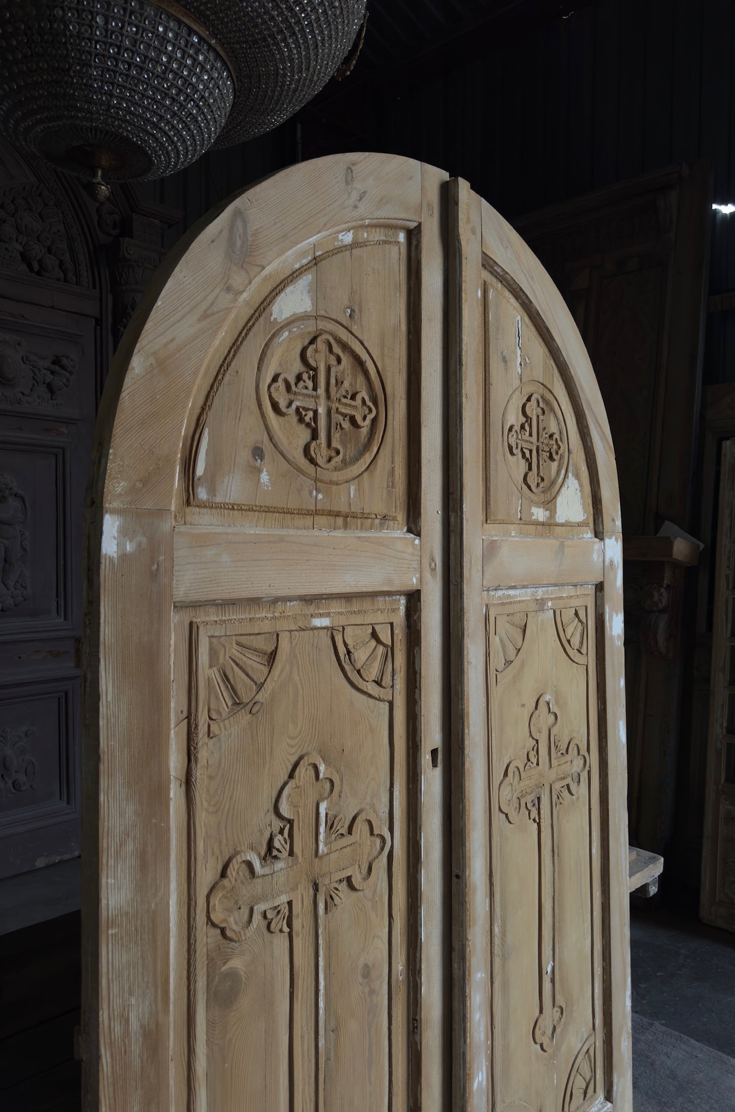 Antique Solid Arched Doors with Carved Cross - 52.5x90 - L141