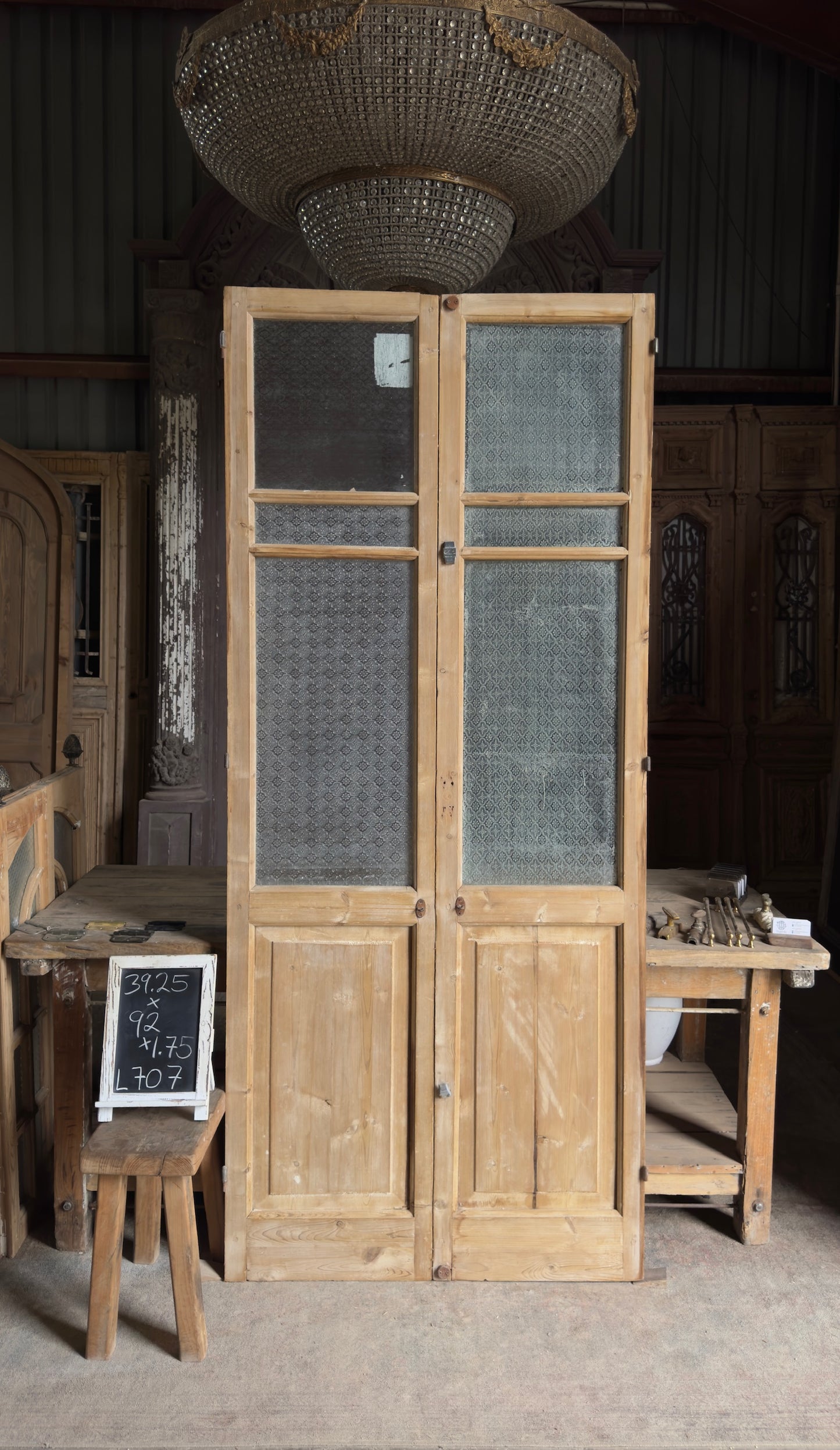 Antique Obscured Glass 3 Lite French Doors - 39.25x92 - L707