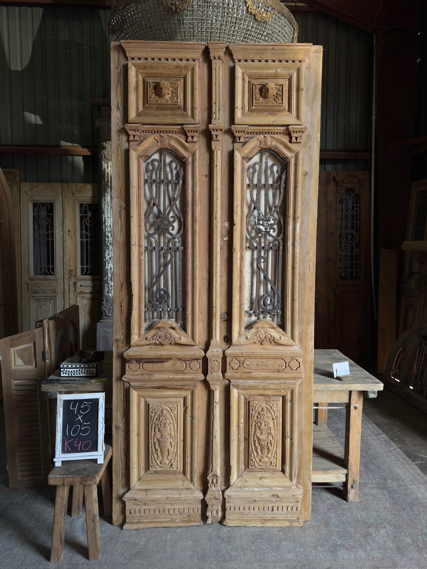 Ornate Carved Antique Iron French Doors - 45x105 K40