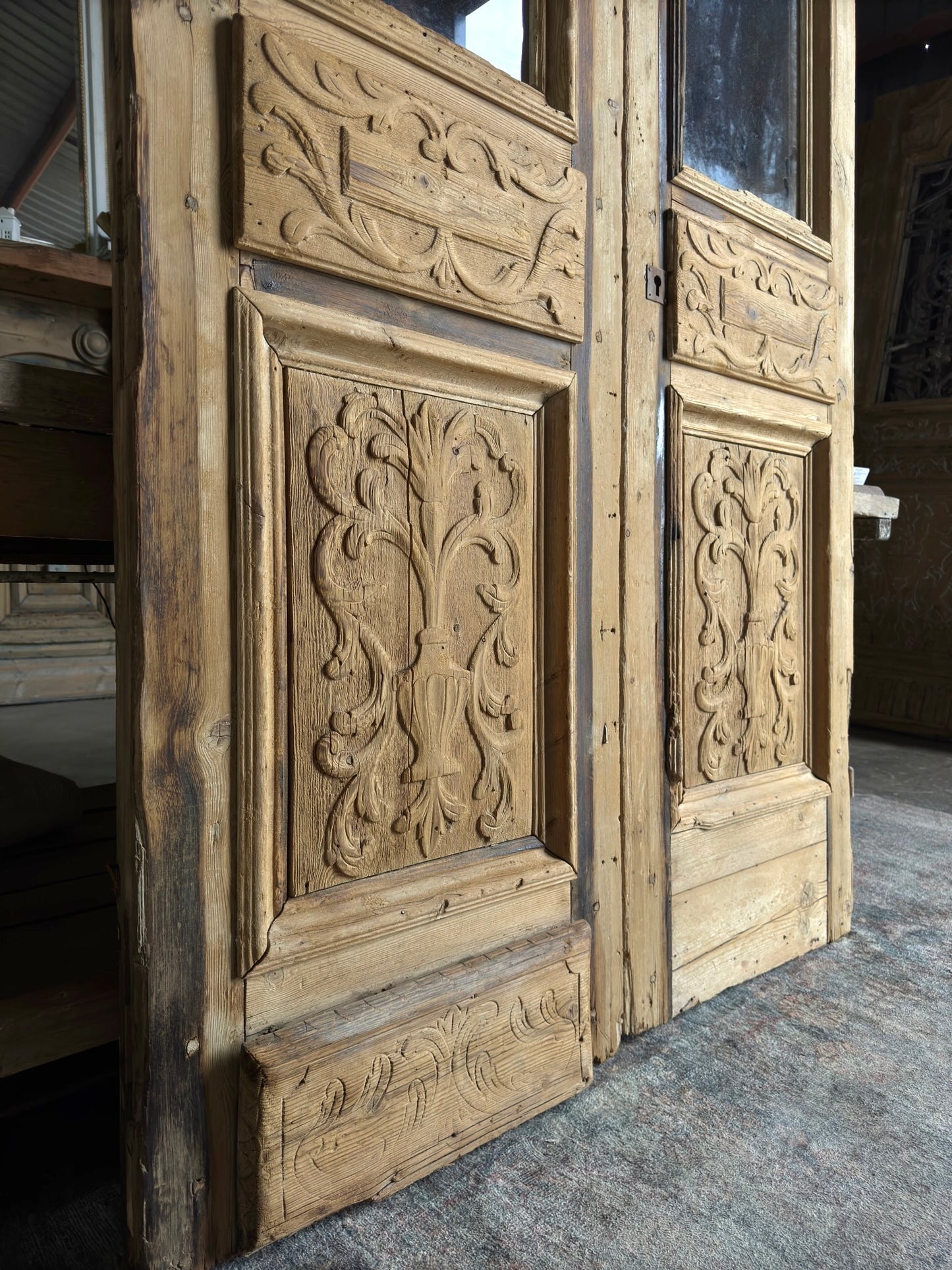 Thick Antique Hand Carved Glass French Doors  - 49.25x93 H46