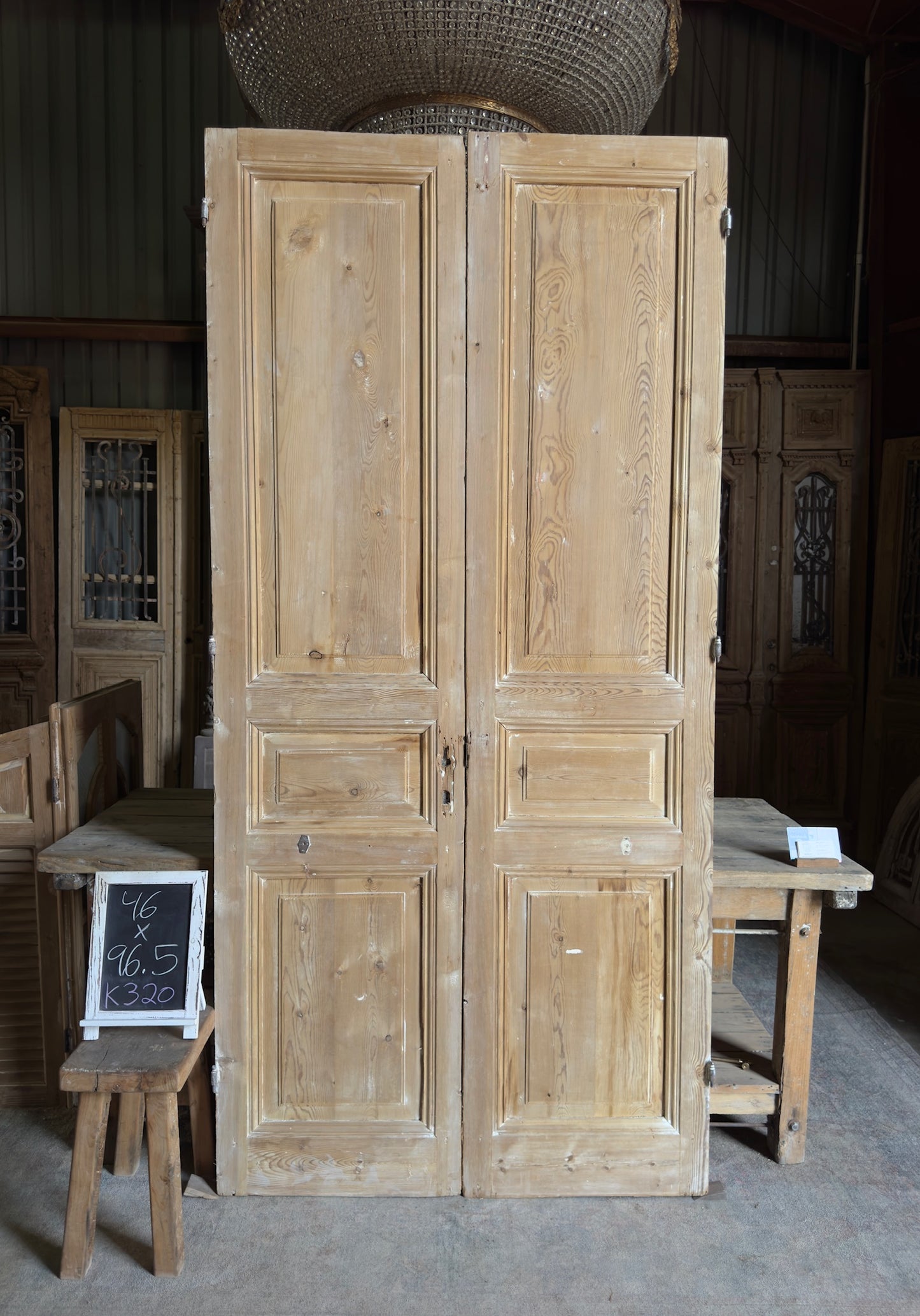 Detailed 3 Panel Antique Solid French Doors - 46x96.5 K320
