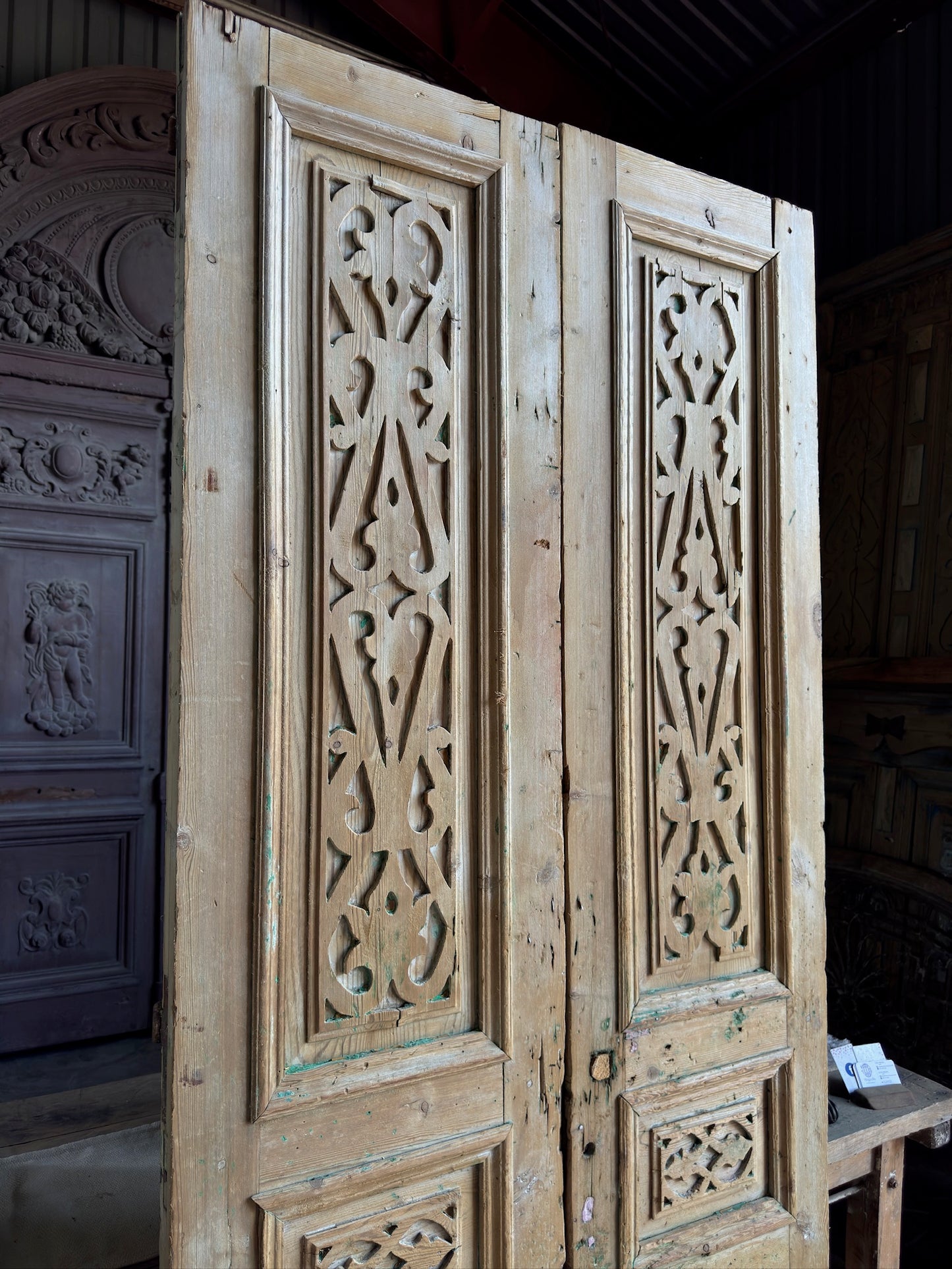 3 Panel Carved Antique Solid French Doors - 42x95 J102