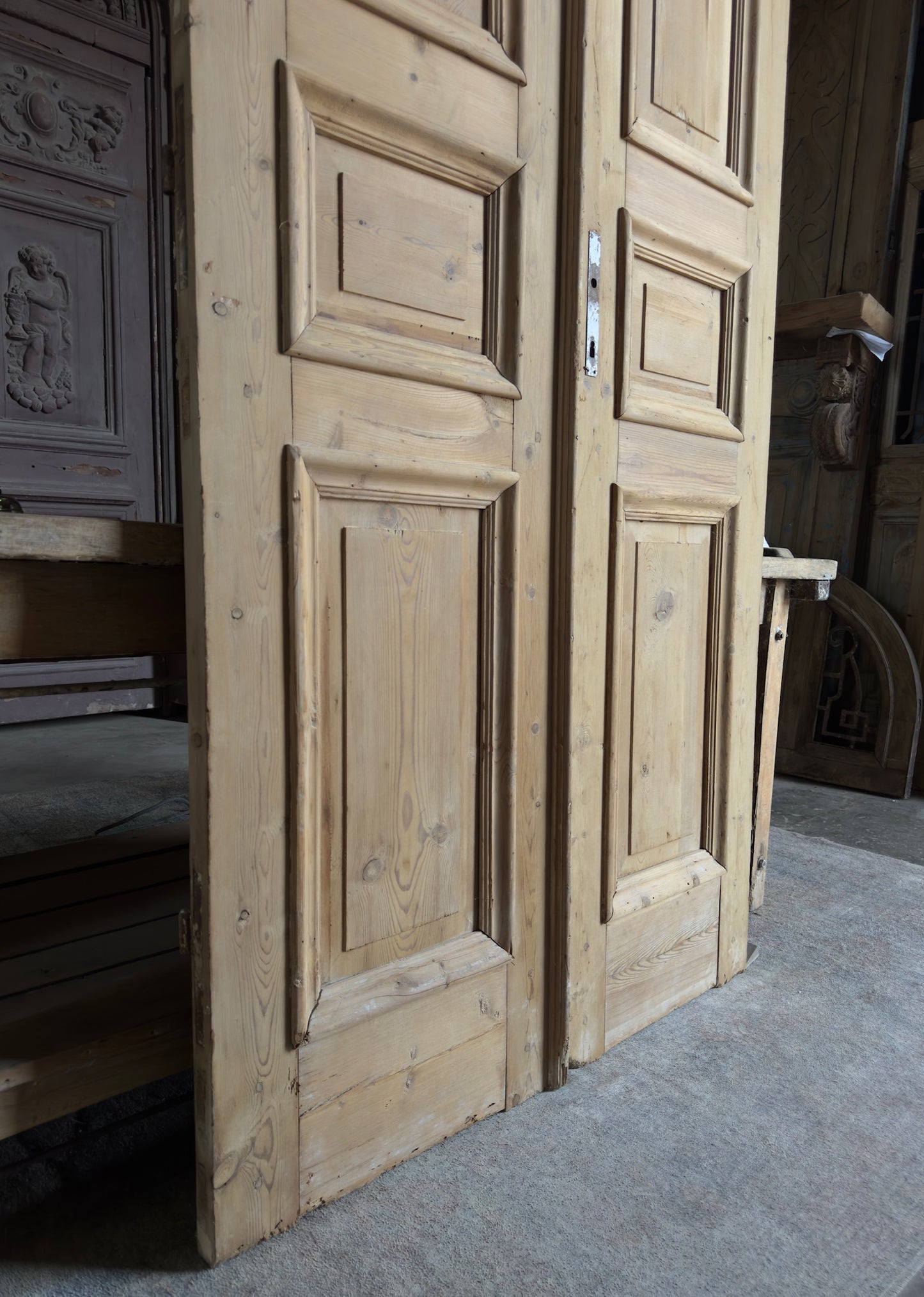 Raised Molding 3 Panel Antique Solid French Doors - 43.5x100 K374