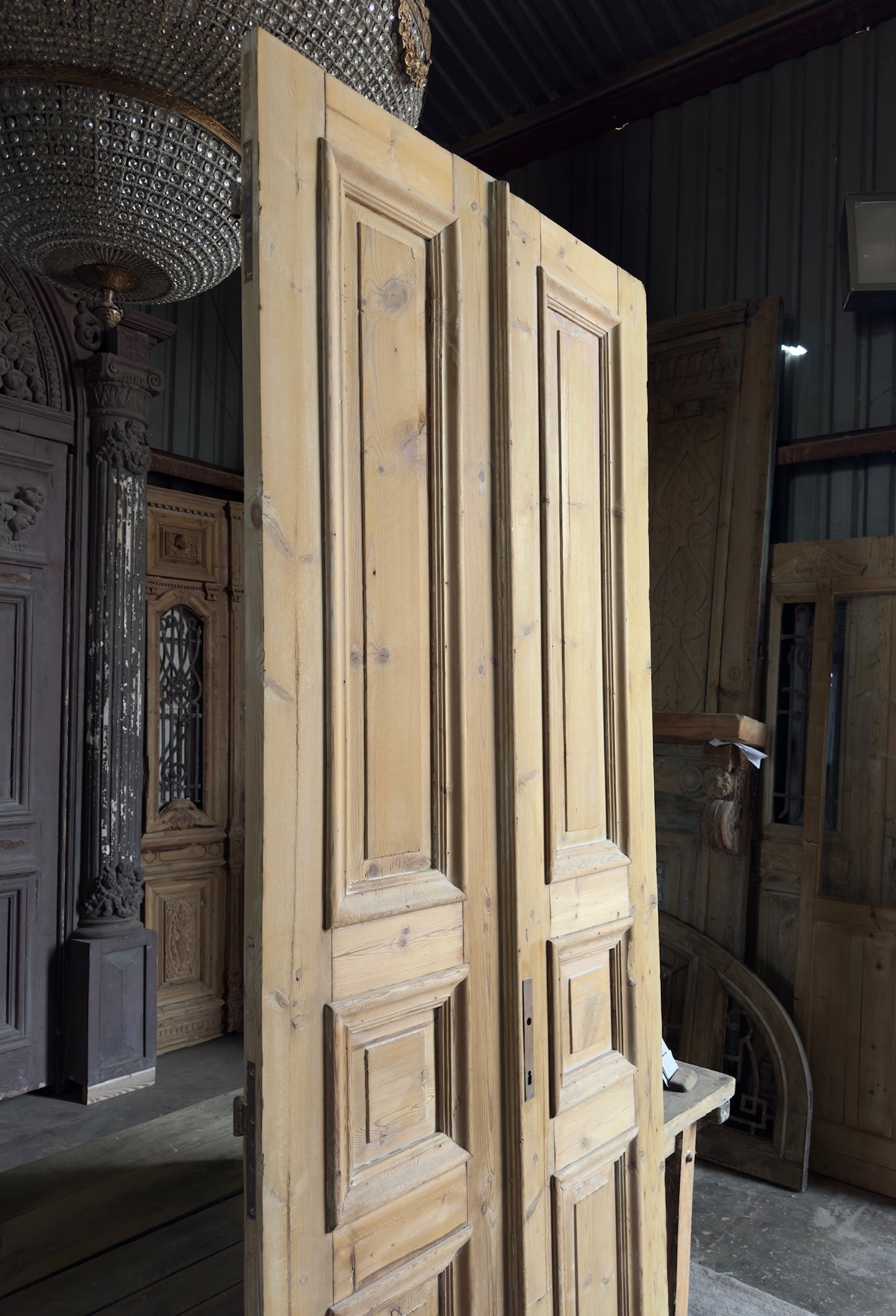 Raised Molding 3 Panel Antique Solid French Doors - 37.5x100 K375