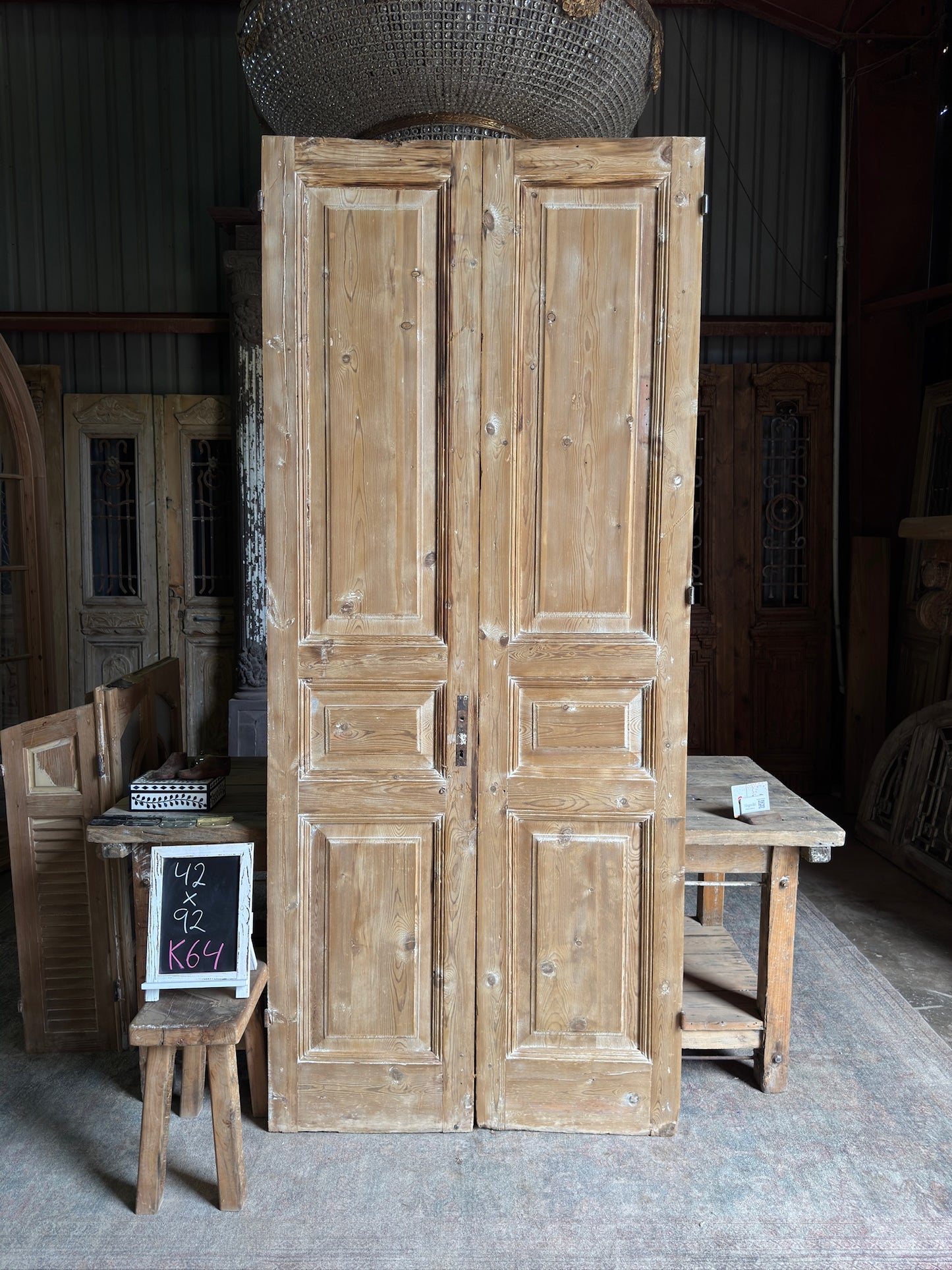 3 Panel Antique Solid French Doors - 42x92 K64