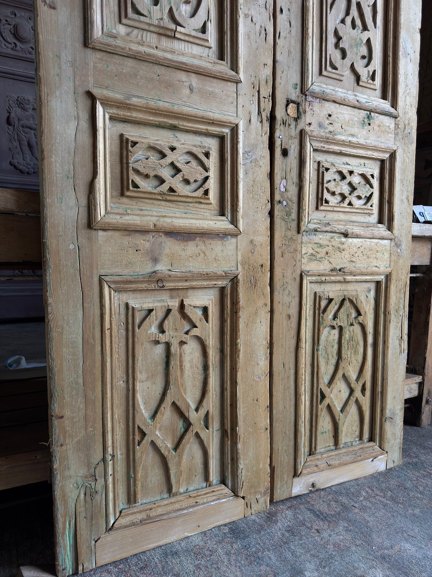 3 Panel Carved Antique Solid French Doors - 42x95 J102