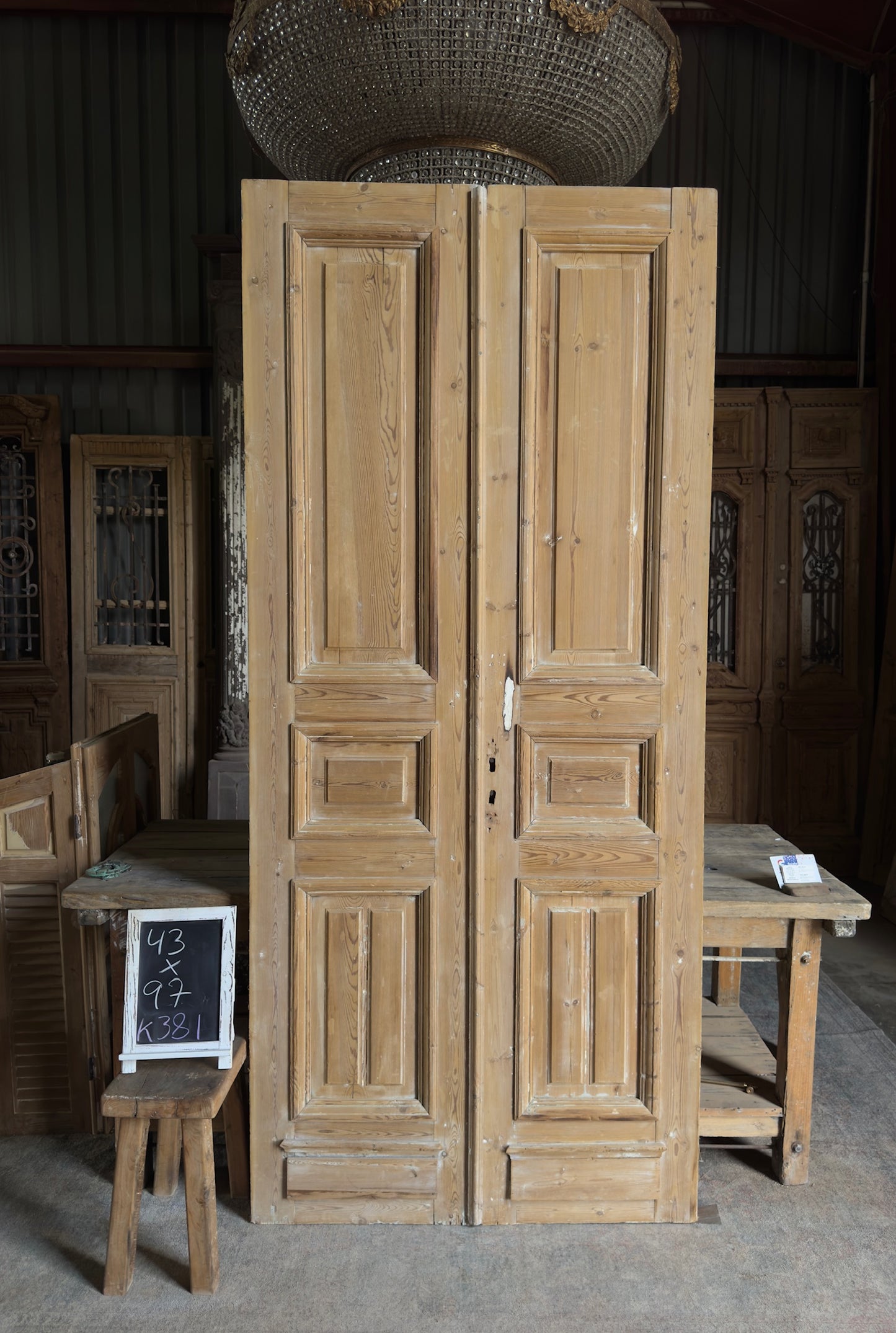 Raised Molding 3 Panel Antique Solid French Doors - 43x97 K381