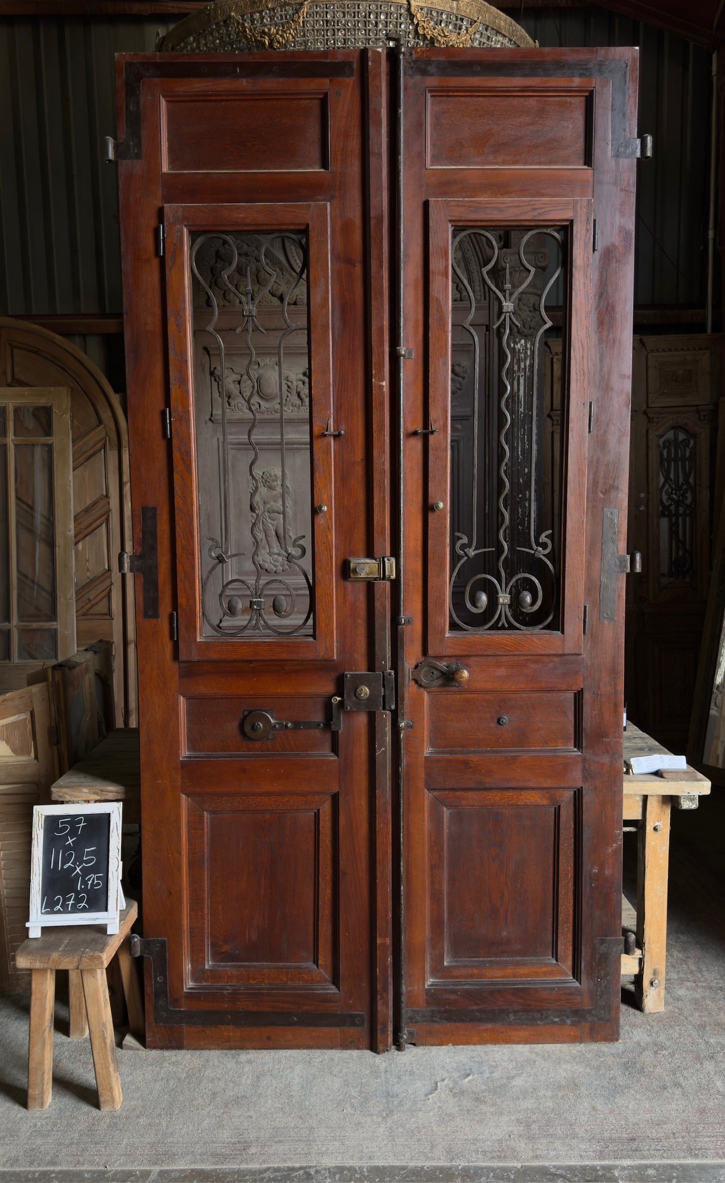 French Iron & Glass Antique Double Doors with Parquet Panels - 57x112.5 - L272