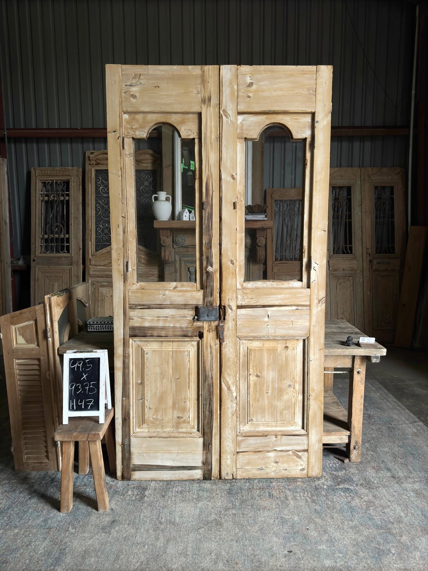 Thick Antique Hand Carved Glass French Doors  - 49.5x93.75  H47