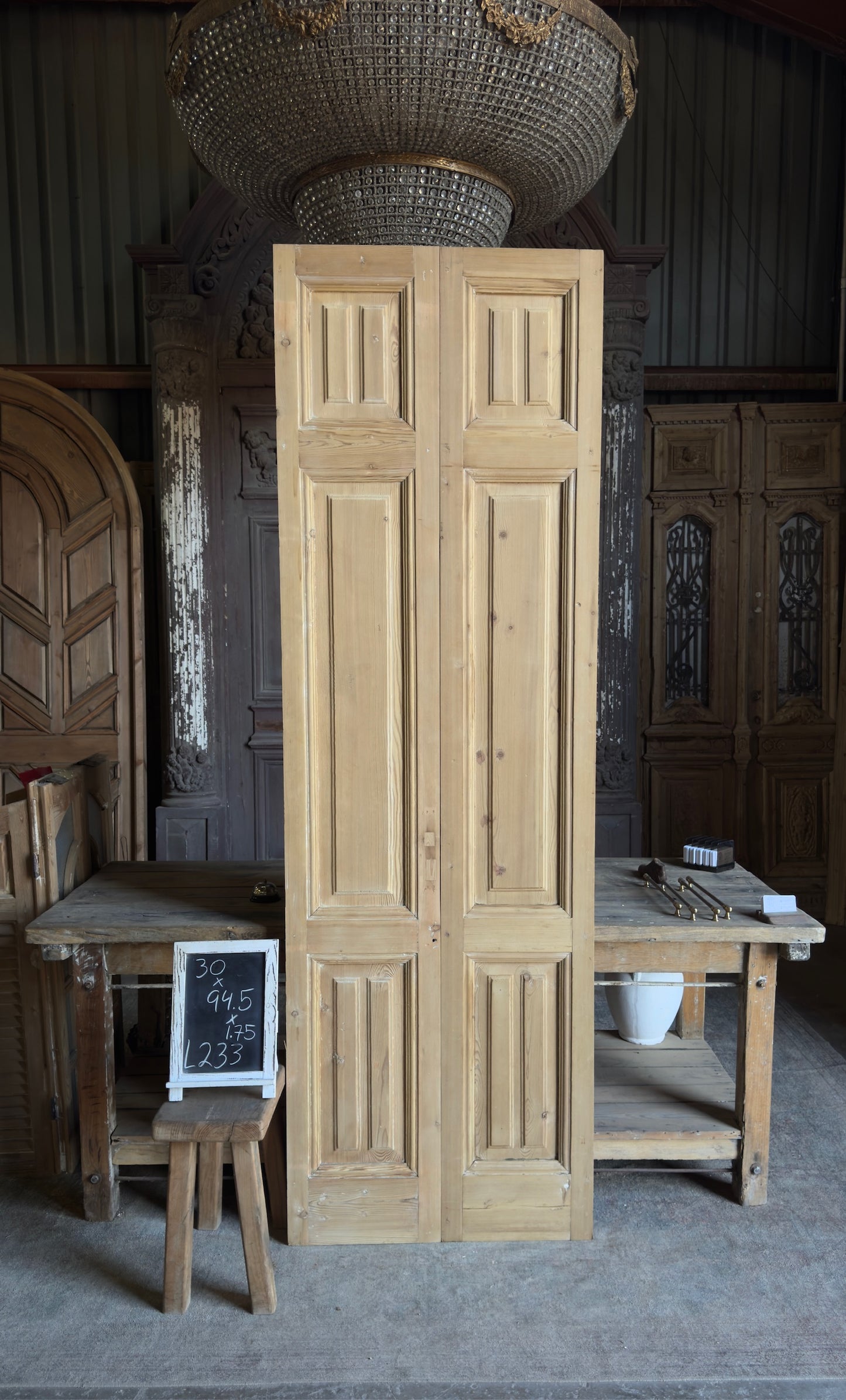 Stately 3 Panel Antique Solid French Doors - 30x94.5 - L233