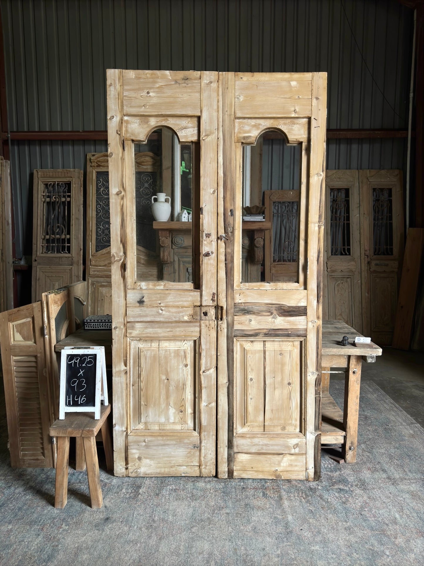 Thick Antique Hand Carved Glass French Doors  - 49.25x93 H46