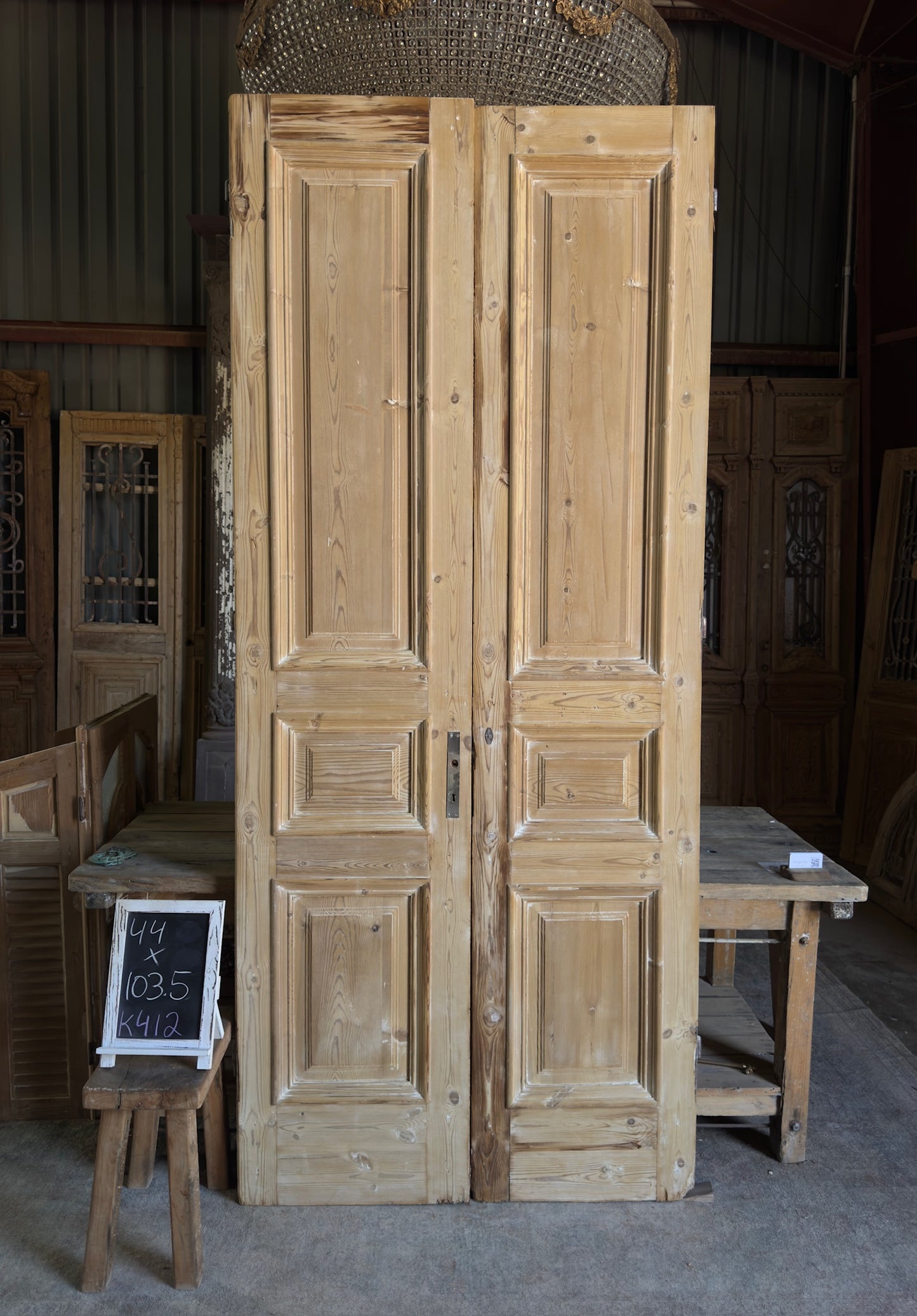 Raised Molding 3 Panel Antique Solid French Doors - 44x103.5 K412