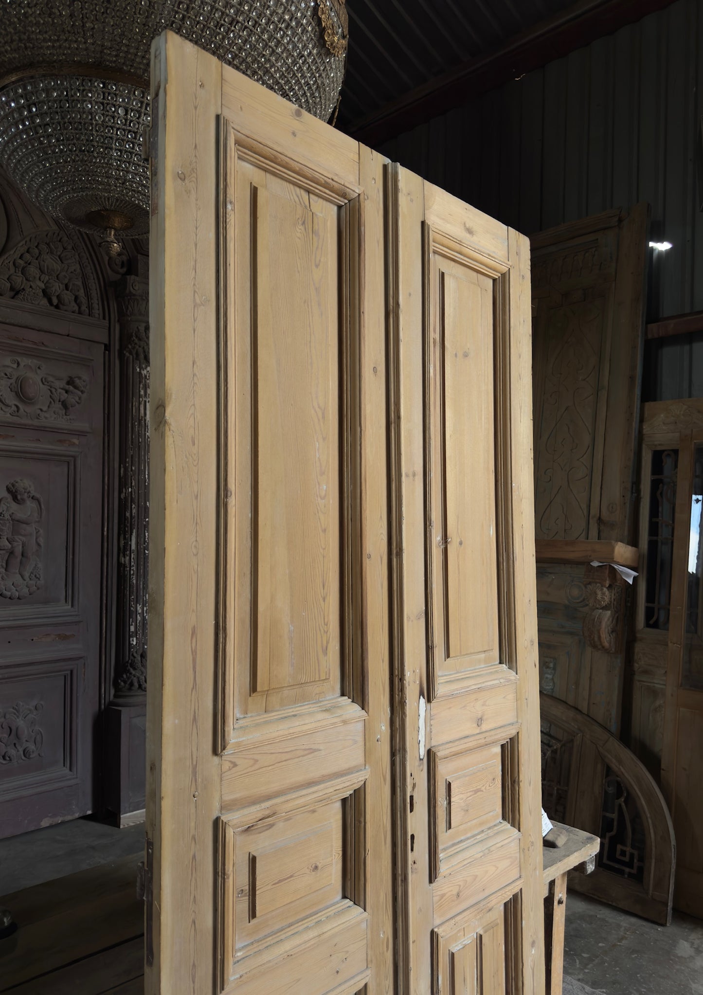 Raised Molding 3 Panel Antique Solid French Doors - 43x97 K381