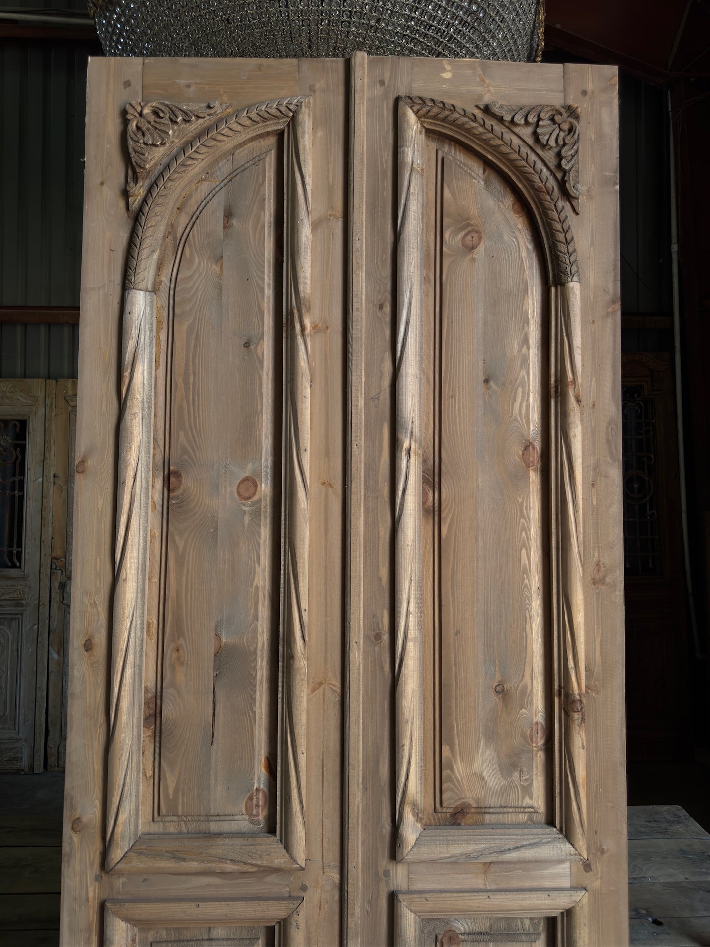 Handcrafted 3 Panel Arched Carved French Doors - 36x96 K28