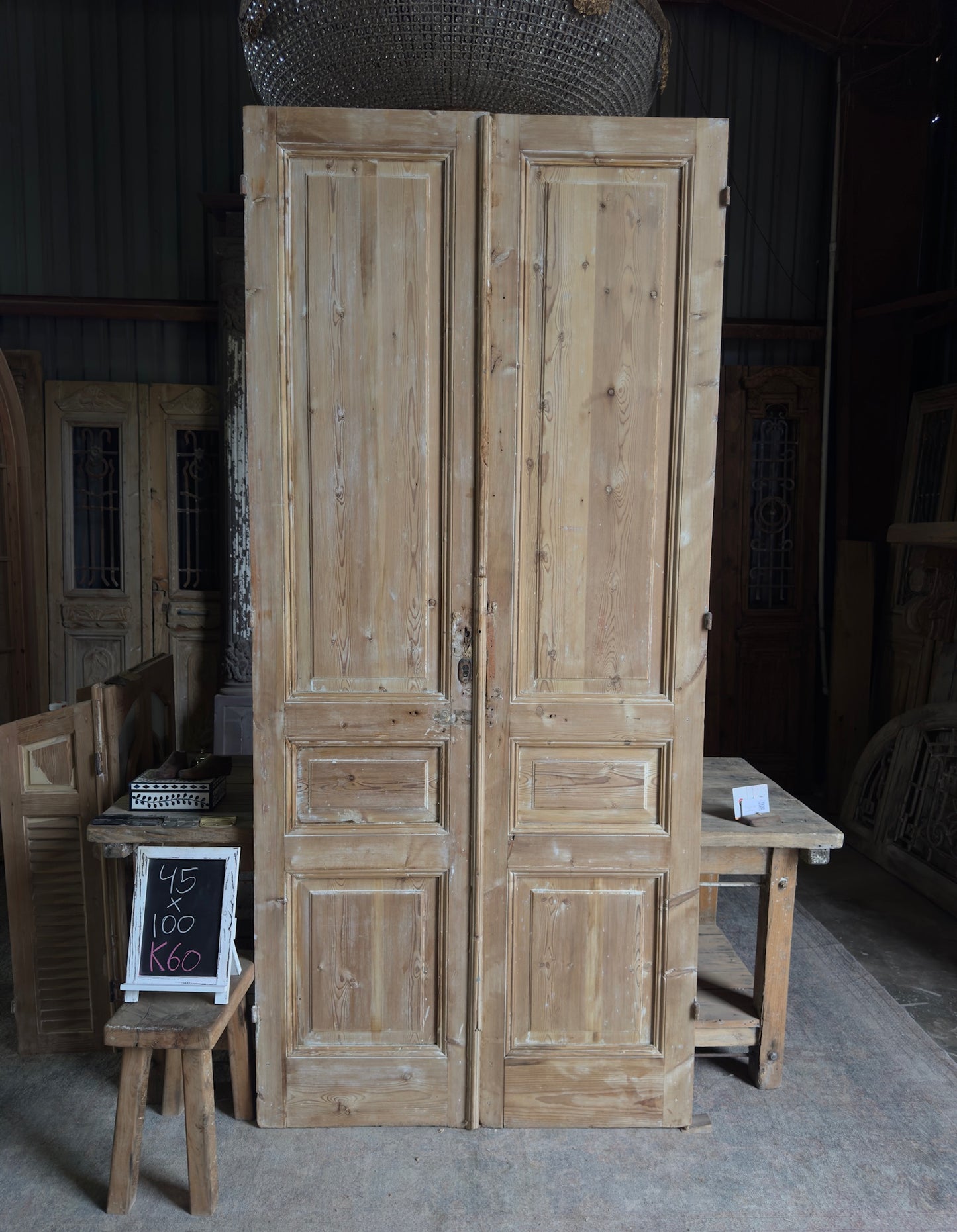 3 Panel Antique Solid French Doors - 45x100 K60