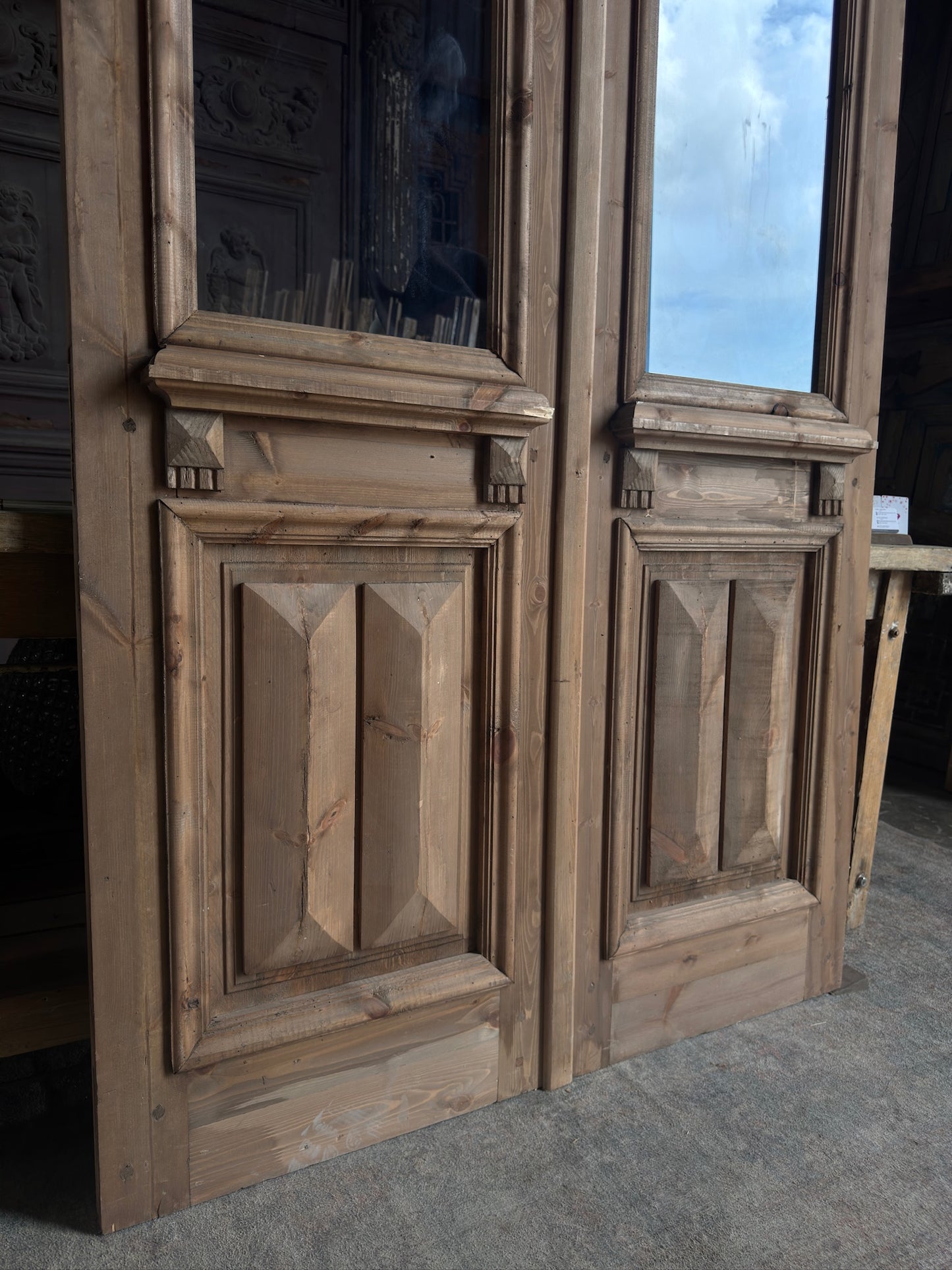 Handcrafted Glass Arched Baltic Pine Carved French Doors - 48x96 K3