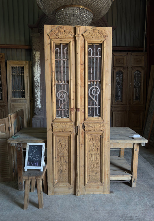 Hand Carved Antique Iron Double Doors - 35x90.5 K441