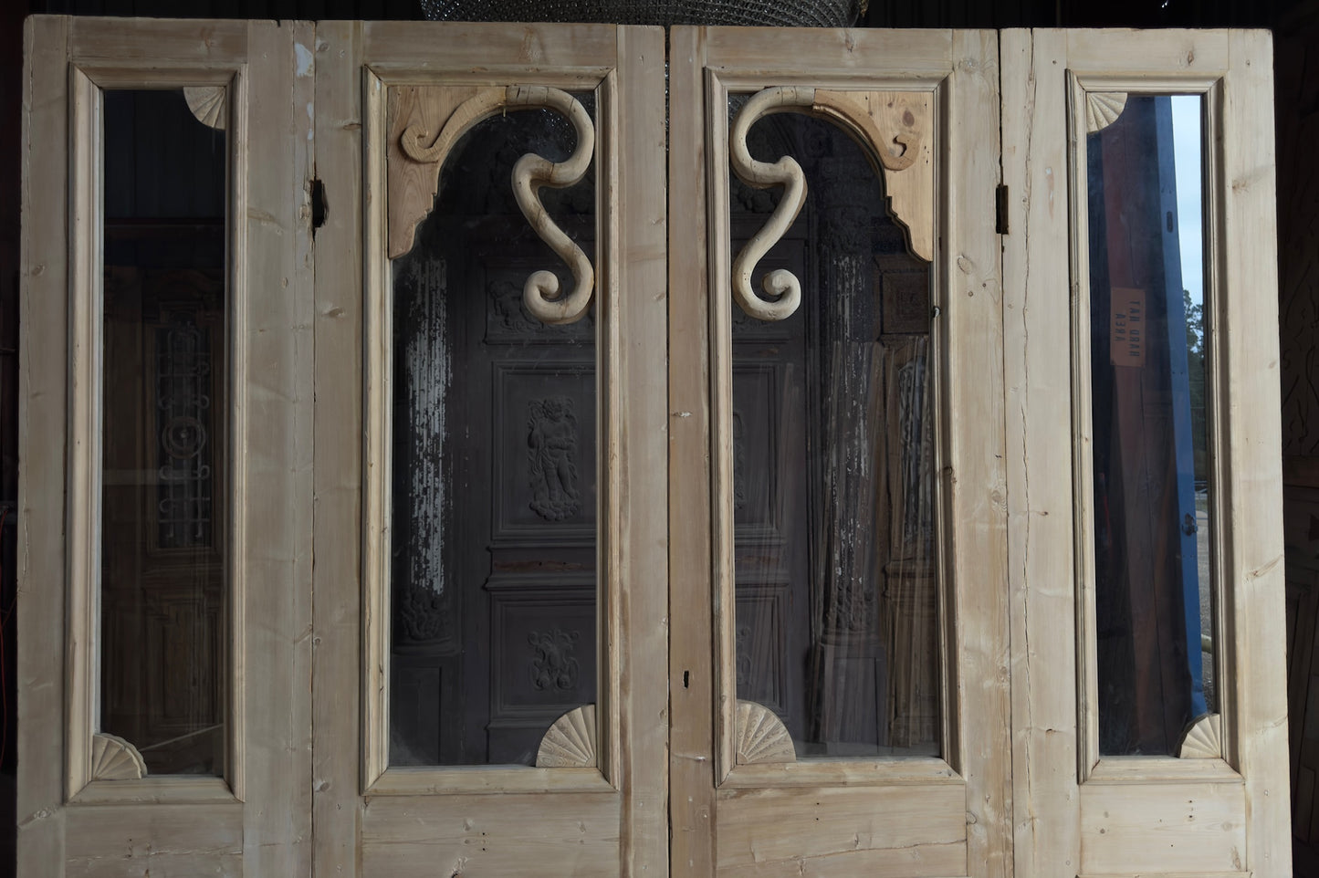 Carved Scene Antique Bi-Fold Glass Doors - 108.5x105.5 K238