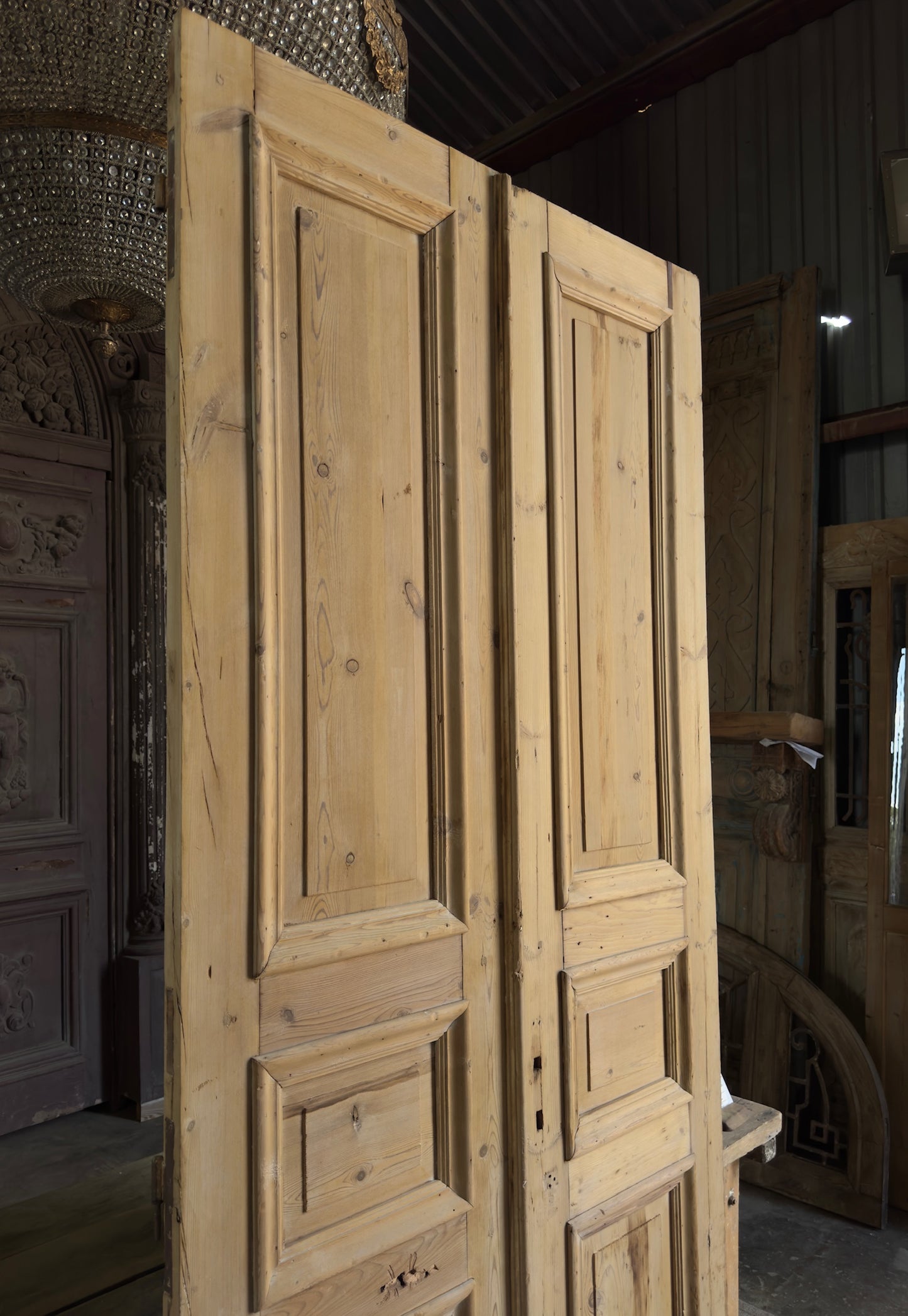 Raised Molding 3 Panel Antique Solid French Doors - 43.25x100 K407