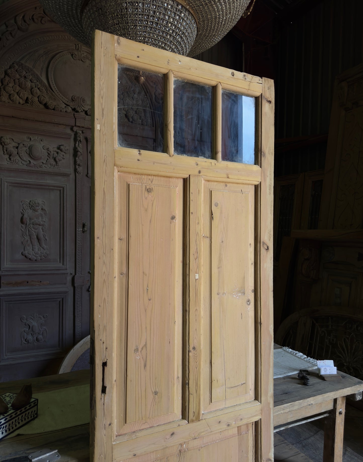 European 3 Lite Antique Glass Single Door - 32x90 J261