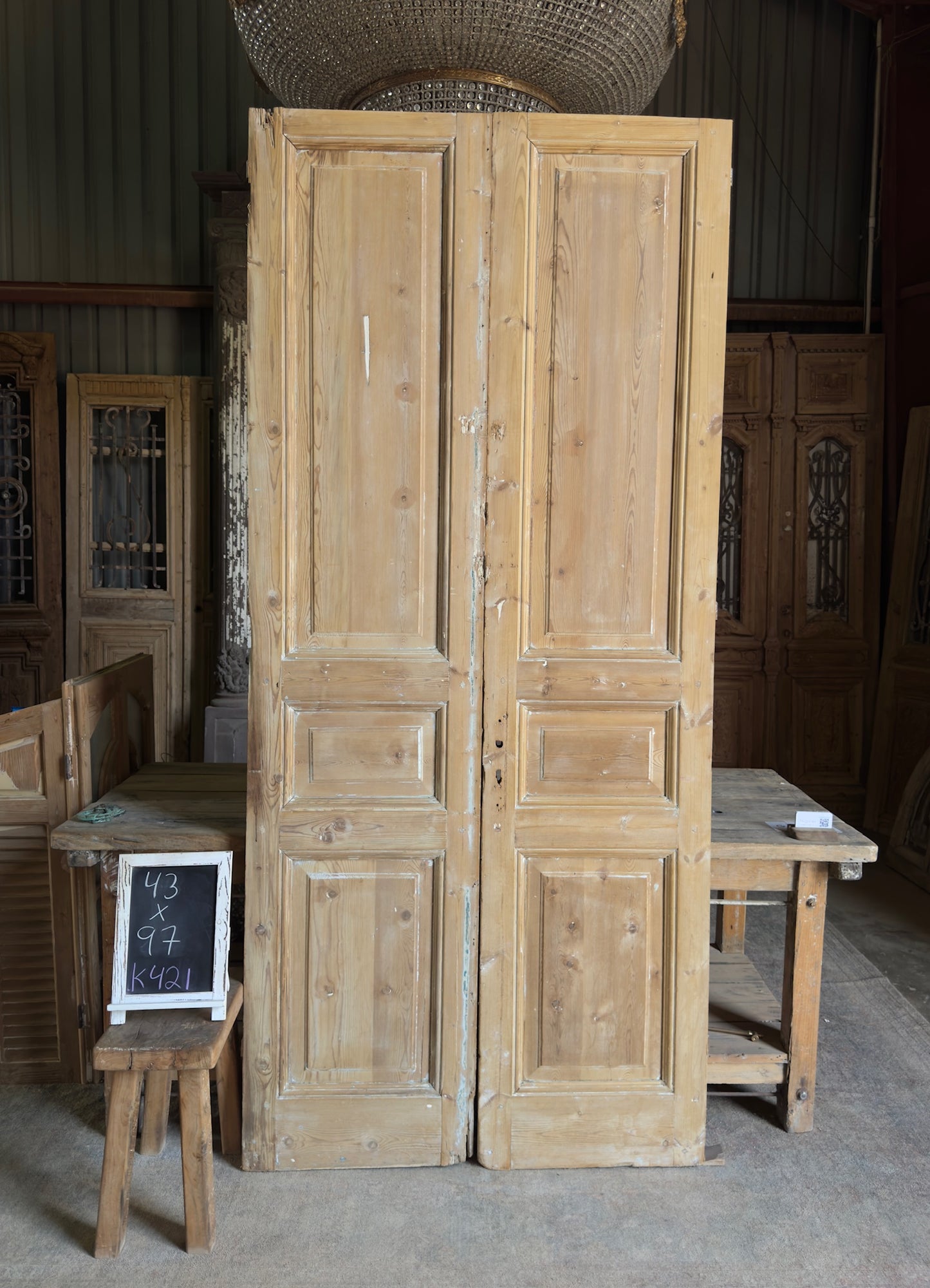 3 Panel Antique Solid French Doors - 43x97 K421