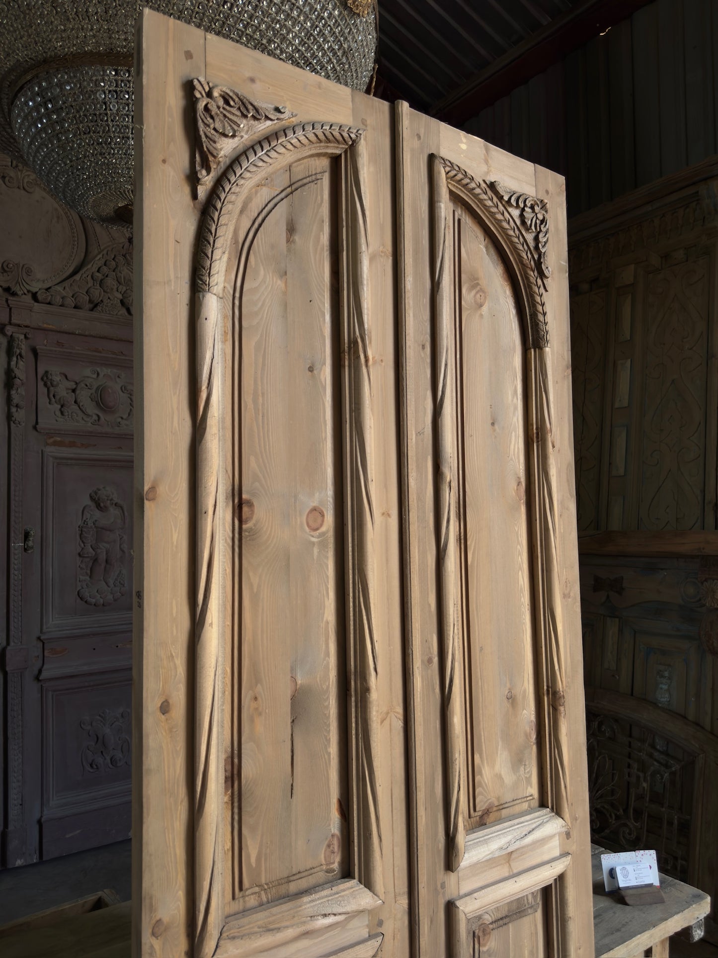 Handcrafted 3 Panel Arched Carved French Doors - 36x96 K28