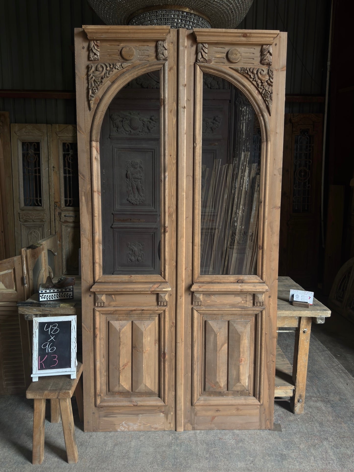 Handcrafted Glass Arched Baltic Pine Carved French Doors - 48x96 K3