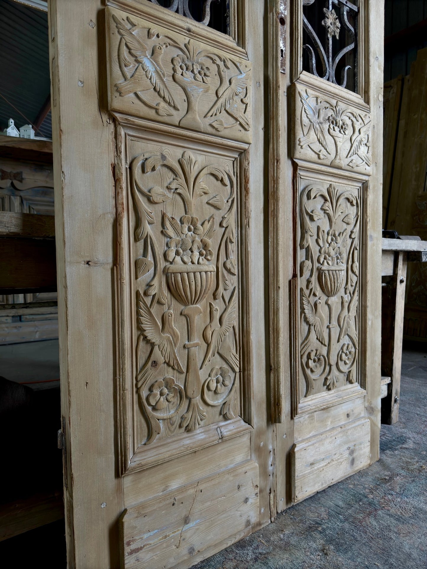 Antique Hand Carved Iron French Doors - 42.5x104 H138
