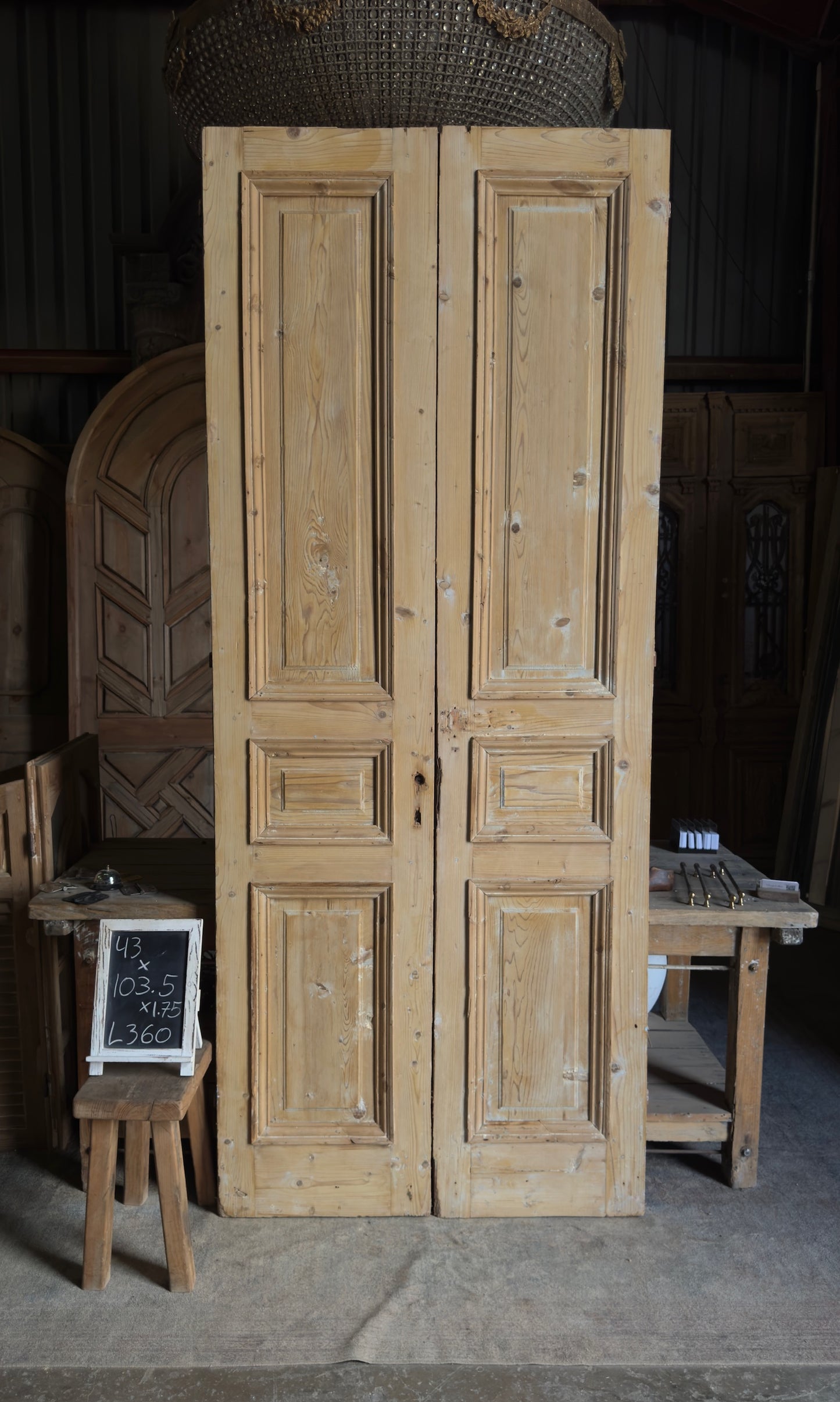 Raised Molding 3 Panel Antique Solid French Doors - 43x103.5 - L360