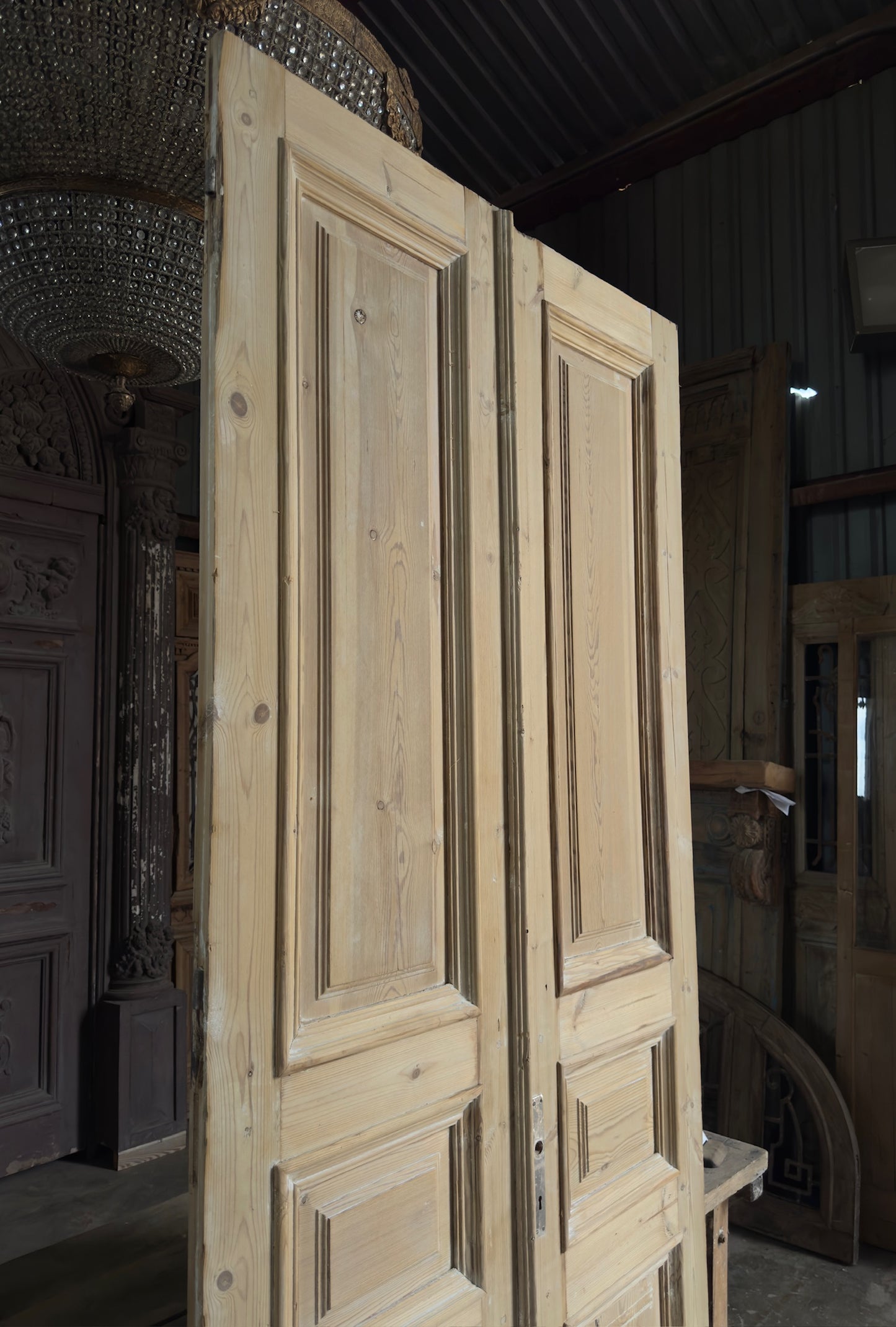Raised Molding 3 Panel Antique Solid French Doors - 44x104 K385