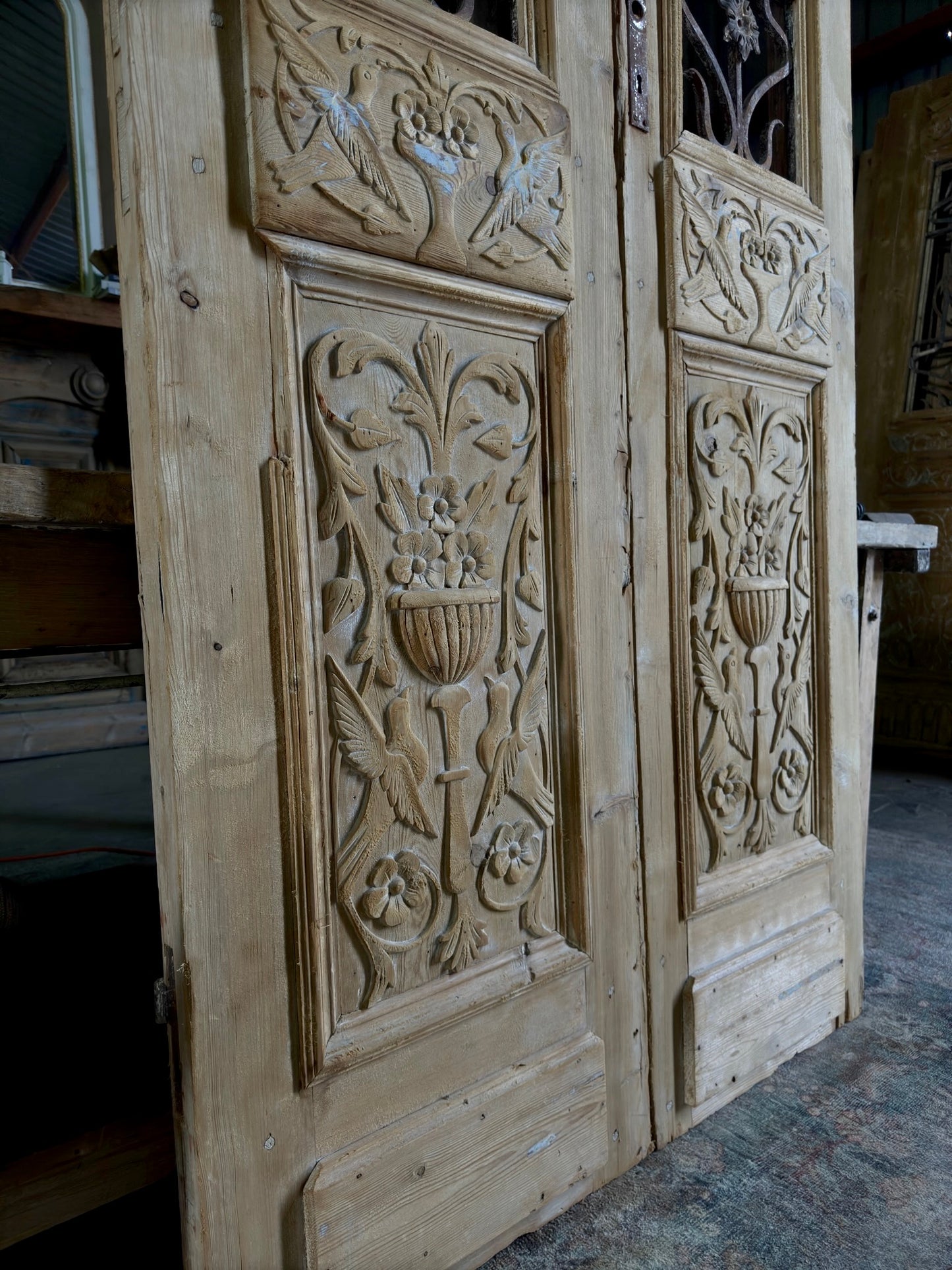 Antique Hand Carved Iron French Doors - 43.25x104.25 H136