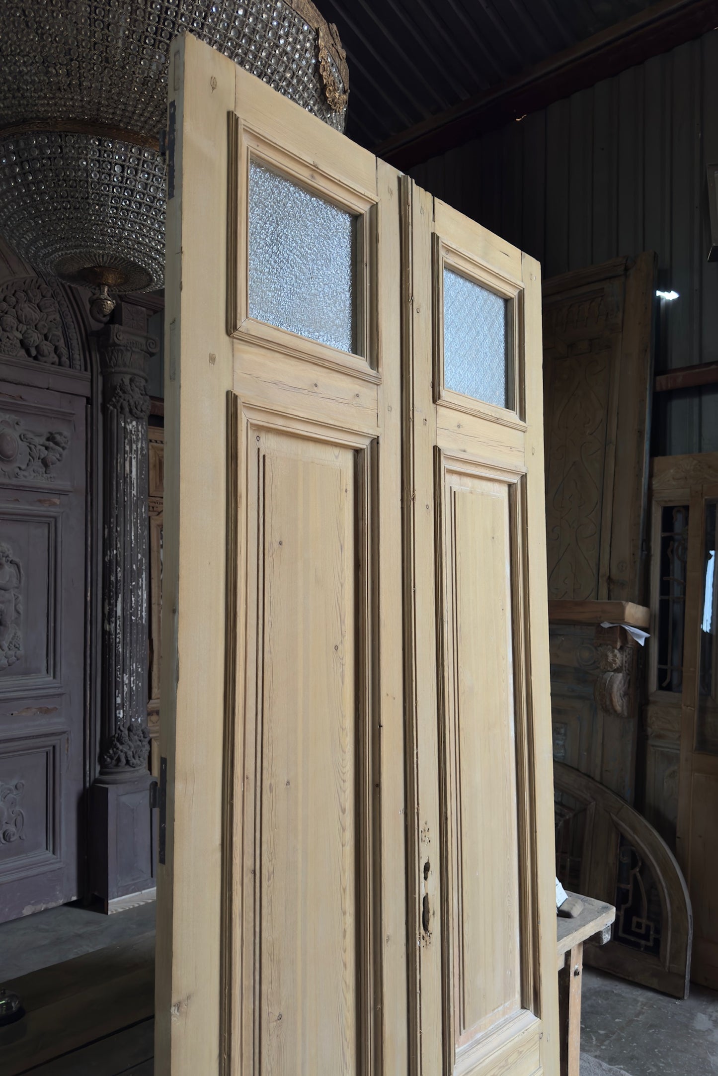 Raised Molding 3 Panel Antique Glass Top French Doors - 44x102 K377